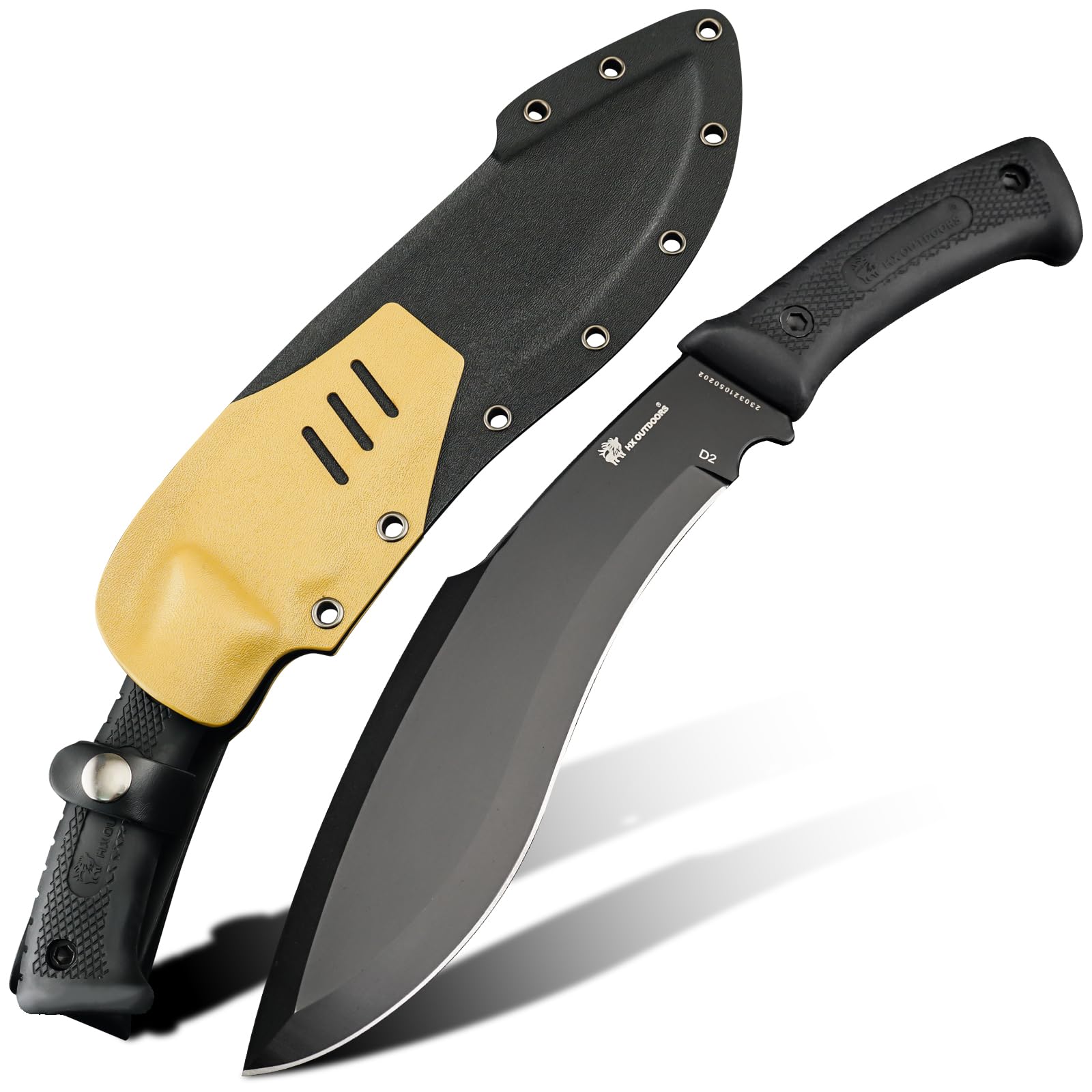 HX Outdoors 14 Inch Bush Machete Kukri Knife - Premium D2 Steel Full Tang Survival Knife with Kydex Sheath | Heavy Duty Gardening Tool for Camping, Hiking, Brush Clearing & Outdoor Adventures (Black)
