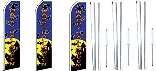 Happy Halloween Blue King Feather Flag Kit with Complete Hybrid Pole Set - Pack of 3 - Perfect for Yard Decorations, Halloween Parties & Outdoor Celebrations