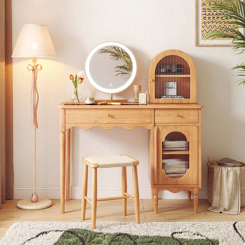 Stylish Wooden Makeup Vanity Set with Jewelry Storage & Side Cabinet - Perfect for Bedroom, Dressing Room & Beauty Salon Organization