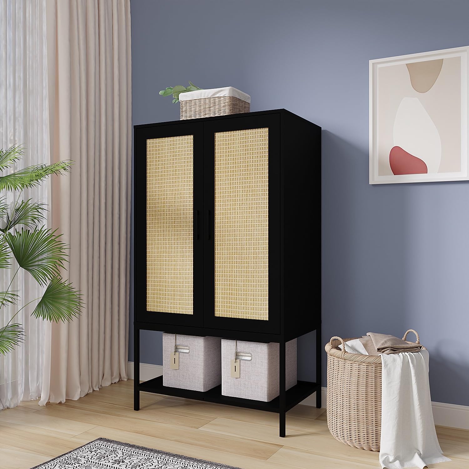 2-Door Rattan Wardrobe Closet with Hanging Rod & Shelves - Freestanding Wooden Armoire for Bedroom Storage & Organization | Perfect for Small Spaces, Apartments & Dorm Rooms (Black)