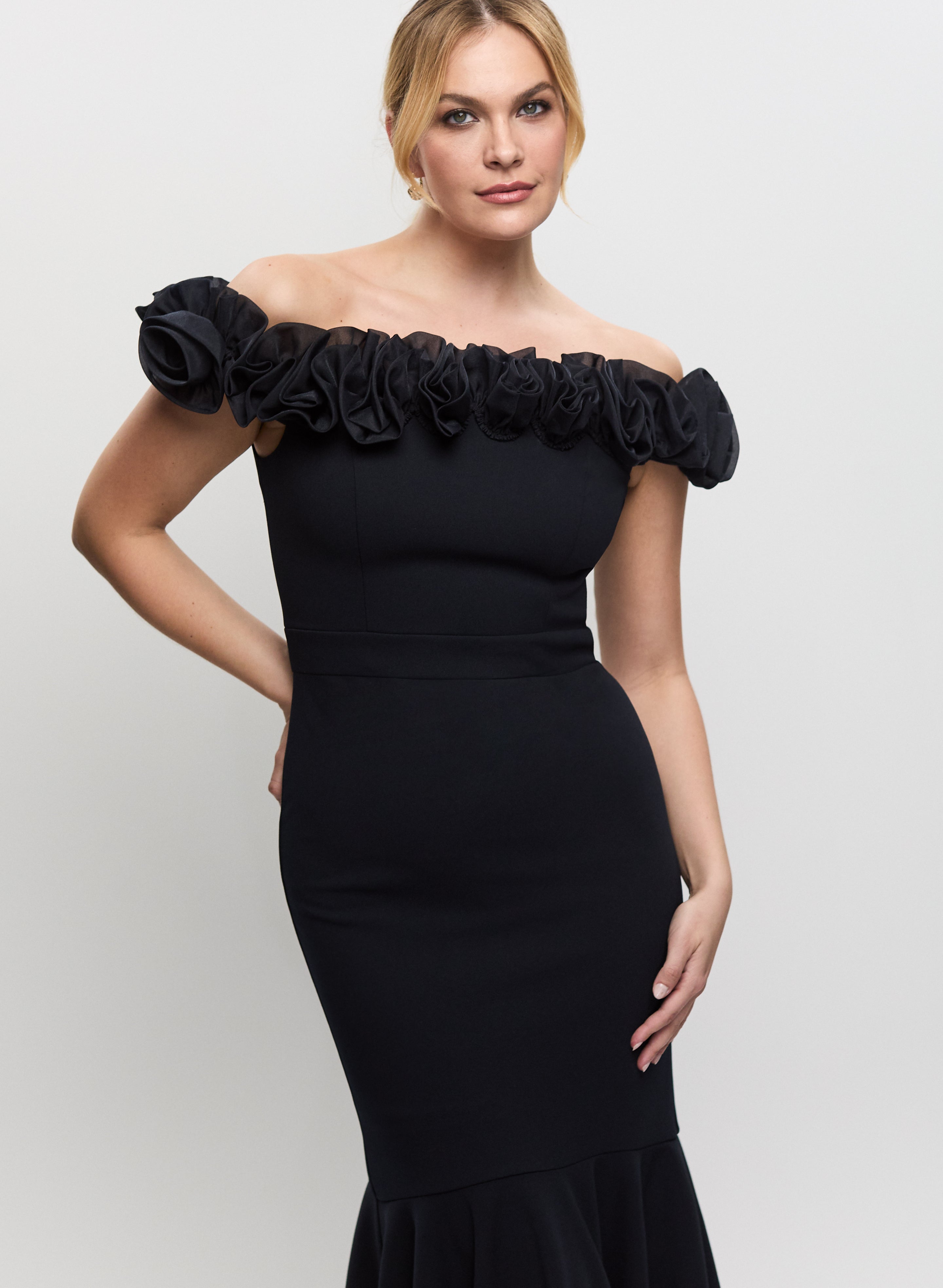 Bardot Organza Rosette Dress for Women - Elegant Off-Shoulder Party Gown for Weddings, Prom & Special Occasions