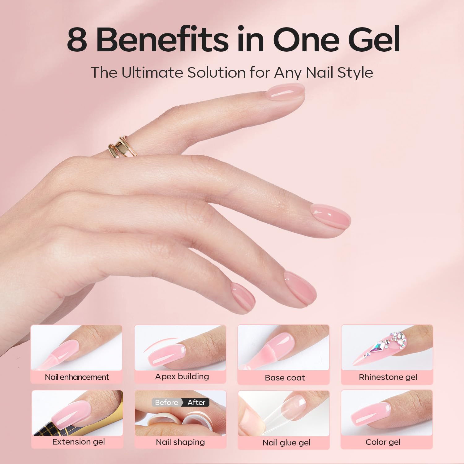 Modelones 8-in-1 Nude Pink Builder Gel with Acid-Free Top Coat - 10ml LED/Lamp Cured Nail Polish for Thickening, Apex Building & Shine Finish | Perfect for DIY Home Manicures & Professional Salon Nail Extensions