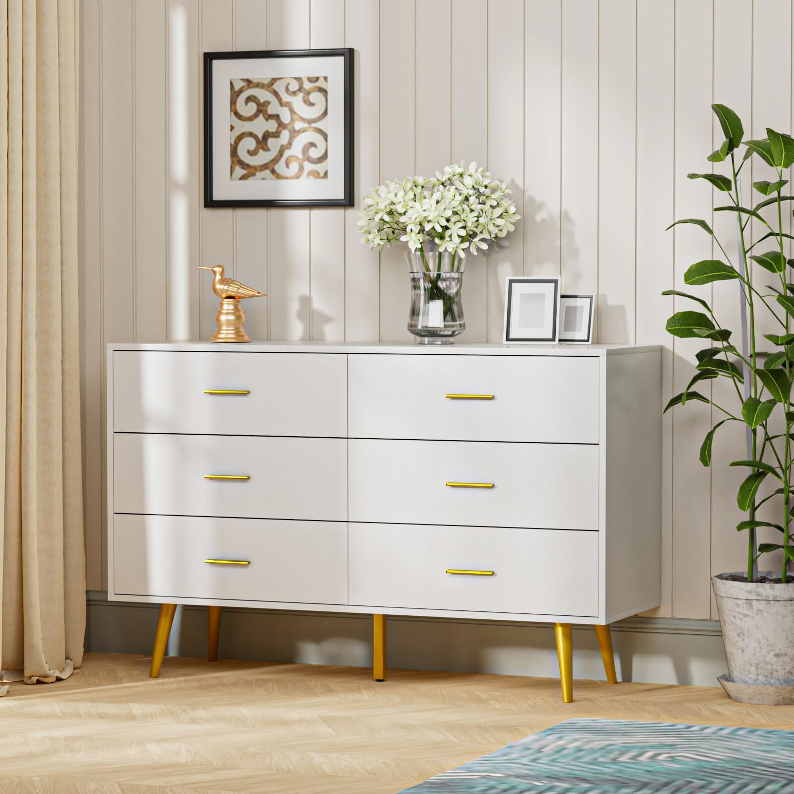 White Dresser for Bedroom - 6 Drawer Chest with Gold Metal Handles, Wide Storage Drawers, Modern Wood Dresser for Hallway, Entryway, Living Room | Perfect for Organizing Clothes, Bedding & Home Decor in Small Spaces