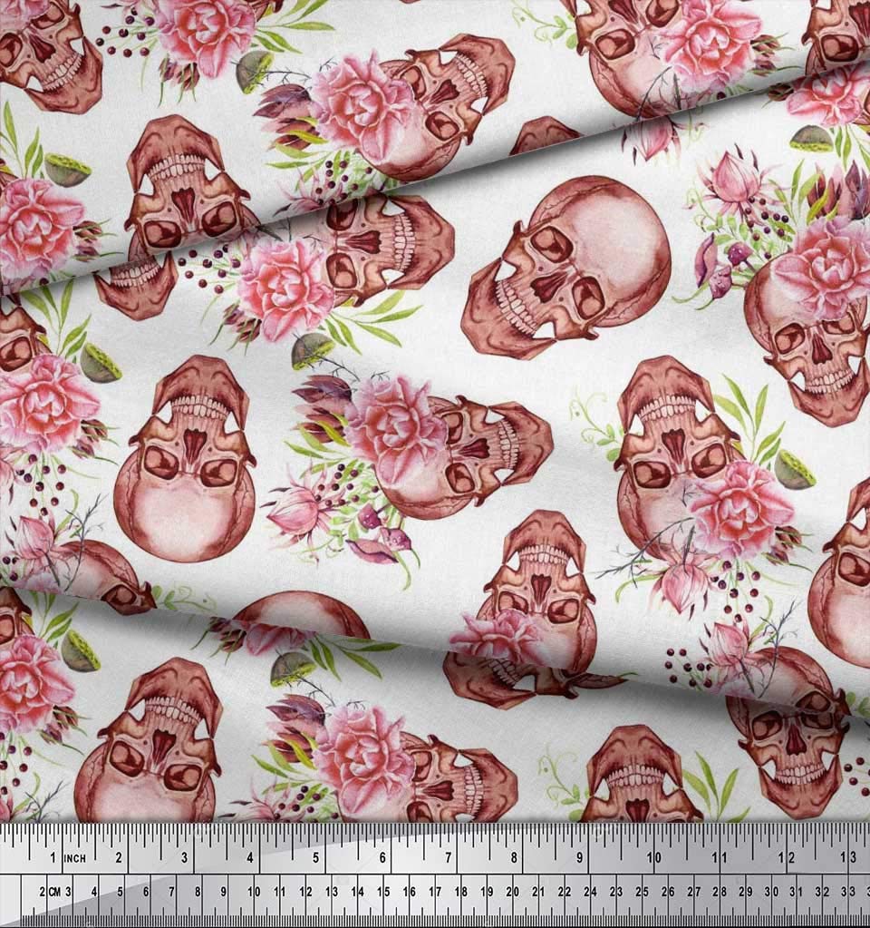 Soimoi Moss Georgette Brown Fabric by The Yard - 42 Inch Wide Skull & Begonia Floral Printed Textile for Edgy Fashion, DIY Crafts, and Home Decor Projects