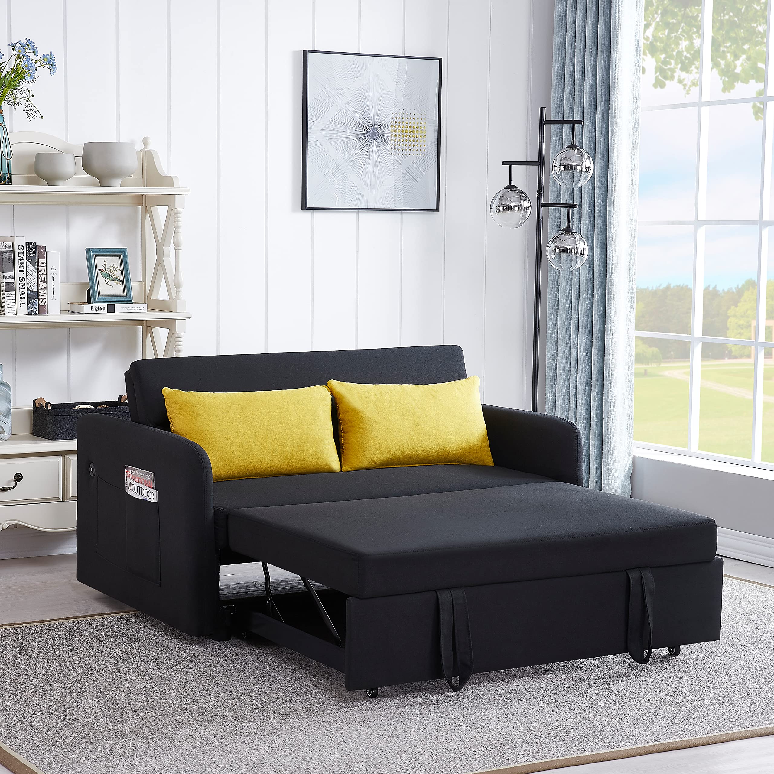 KLMM Modern Convertible Sofa Bed - Multi-Functional Adjustable Lounge Chaise Armchair with Arm Pocket & USB Charging Port | Includes 2 Pillows | Pull Out Sleeper Sofa for Living Room, Office & Small Spaces (Black) | Perfect for Guest Rooms, Apartments & Home Theater Seating