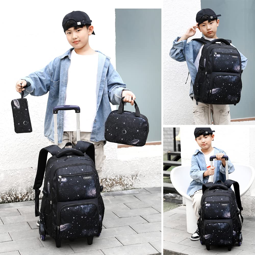 Kids Rolling Backpack with Wheels - School Bookbag for Boys & Girls, Wheeled Luggage Trolley with Lunch Box & Pencil Case (Black) - Perfect for School, Travel & Daily Use