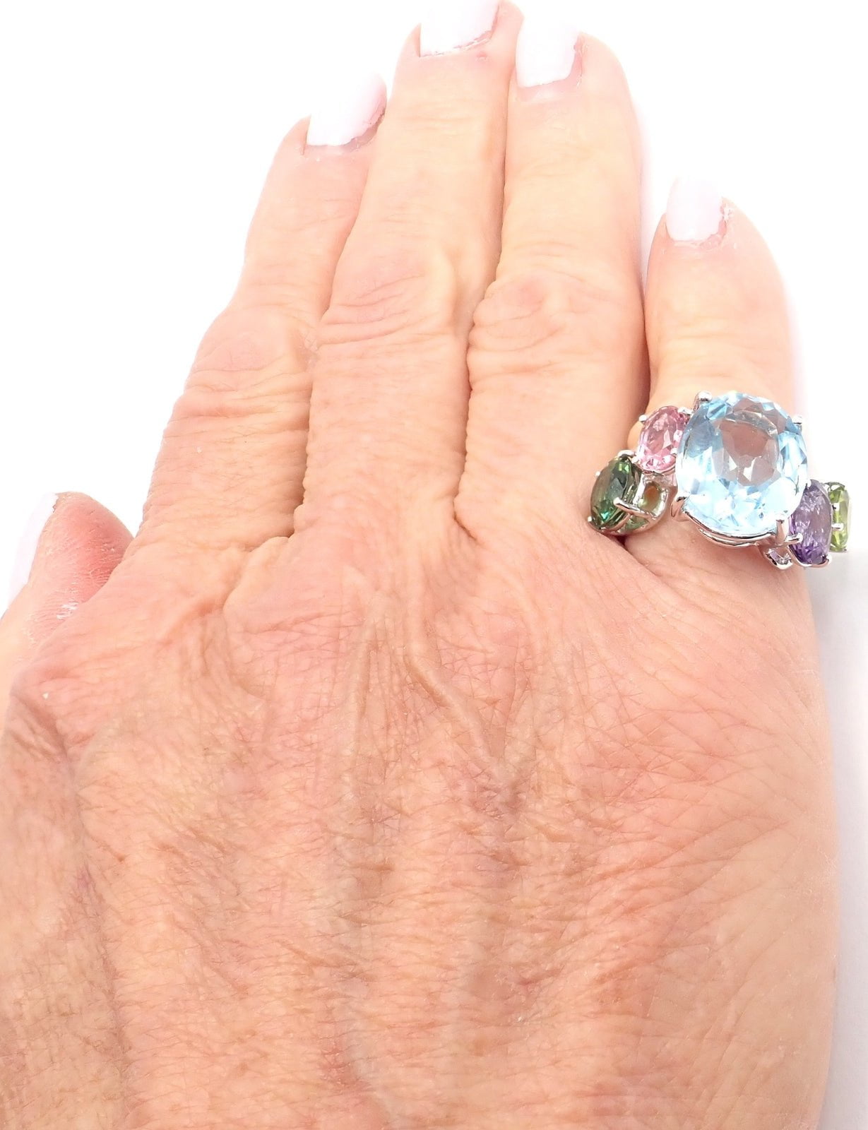 Authentic Asprey Chaos 18k White Gold Ring with Topaz, Tourmaline, Peridot & Amethyst | Luxury Statement Jewelry for Weddings, Anniversaries & Special Occasions