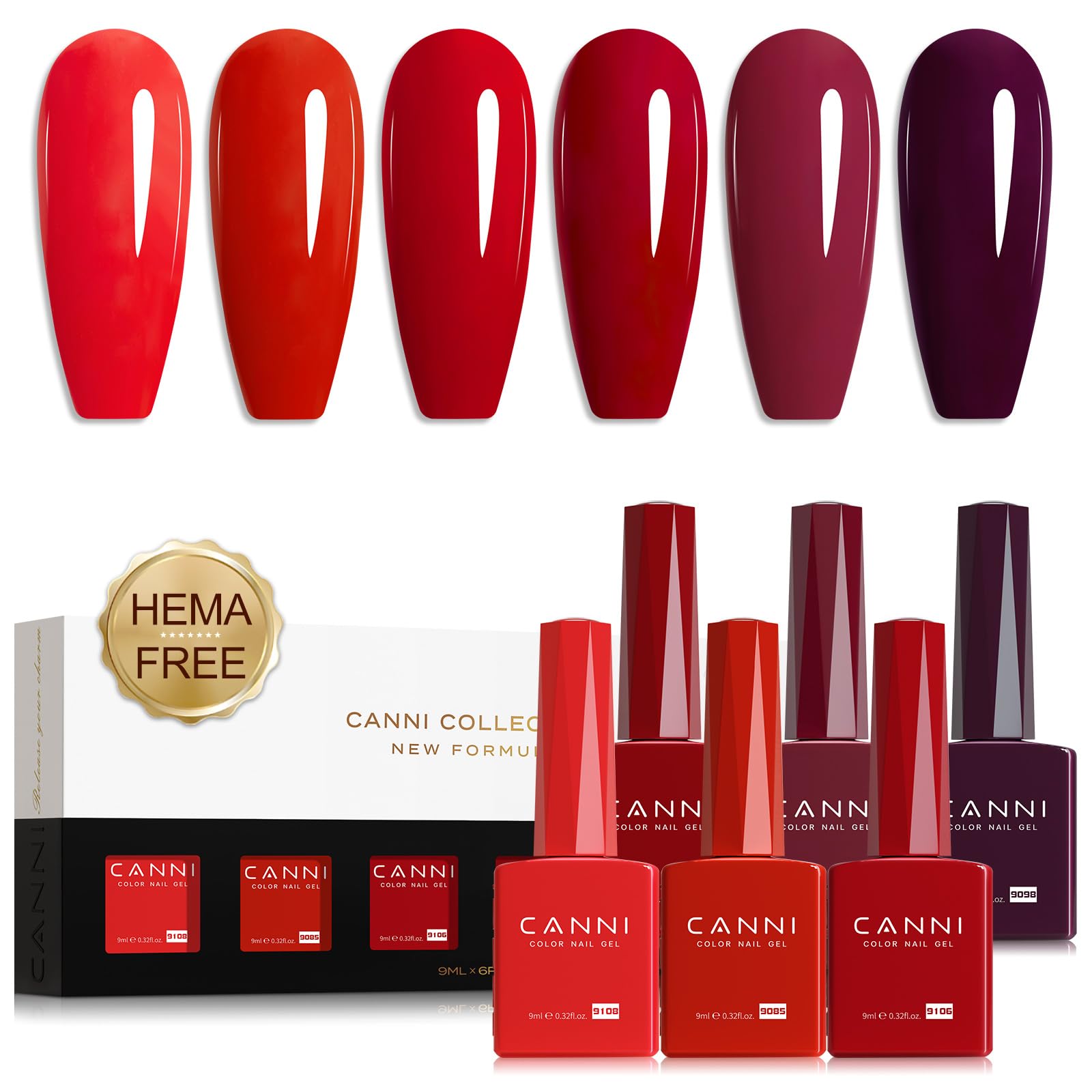 CANNI Red Gel Nail Polish Set - 6 Colors 9ML Dark Red Burgundy Nail Polish Kit for UV/LED Light, Soak Off Gel Polish for Nail Art Design, DIY Manicure, Salon & Home Use - Perfect for Parties, Weddings & Everyday Wear