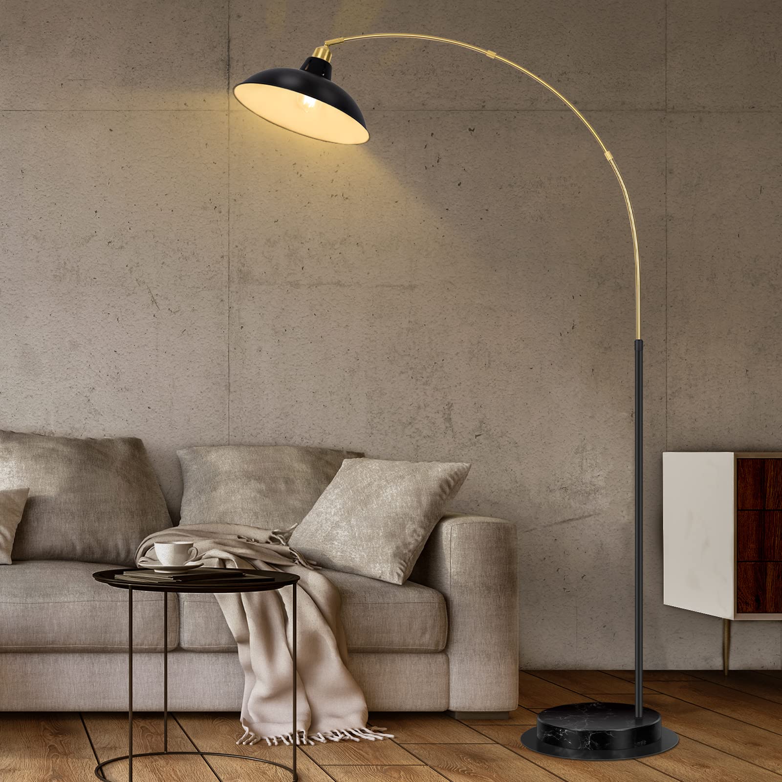 360° Rotatable Industrial Arc Floor Lamp with Marble Base - Black Gold Standing Lamp for Living Room, Bedroom, Office | Reading Light for Couch, Sofa & Desk | Modern Tall Metal Lamp for Home Decor
