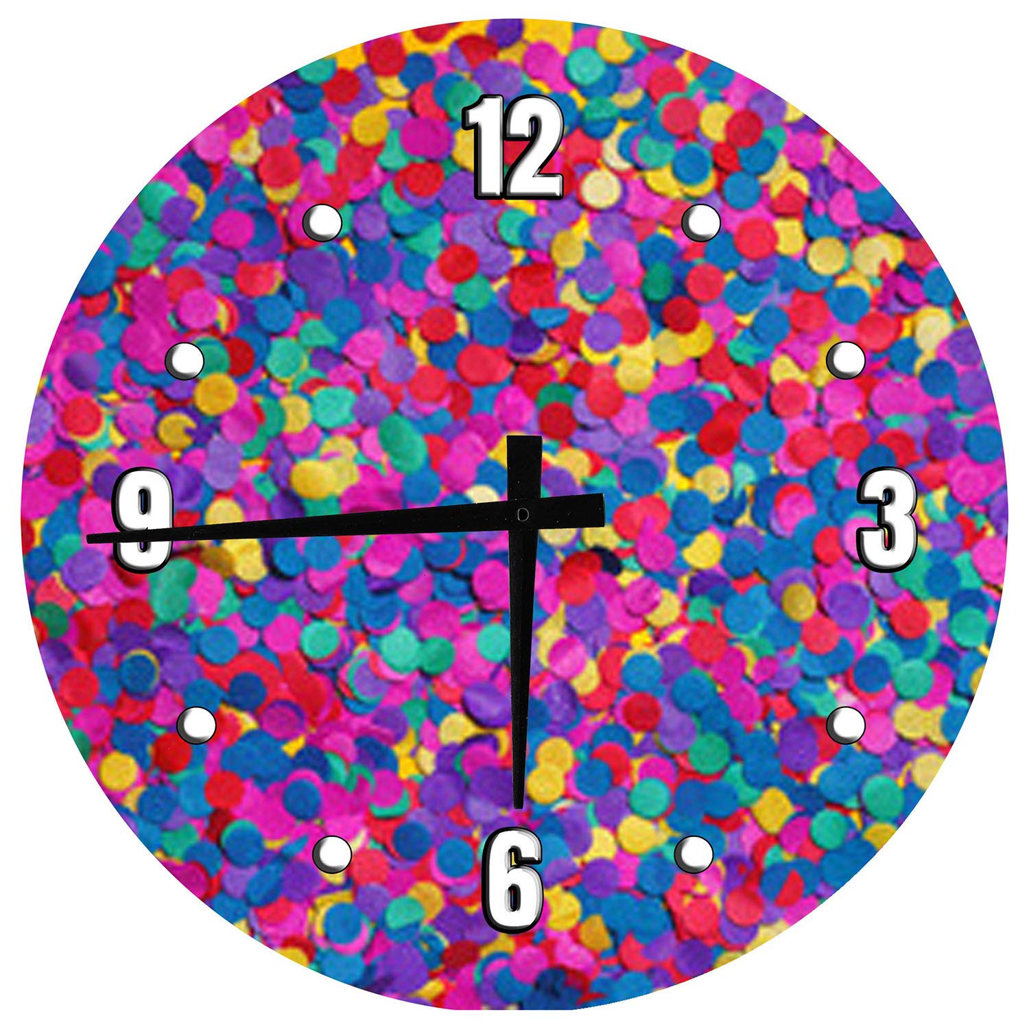 12 Inch Large Round Wood Wall Clock with Colorful Party Confetti Design - Perfect for Kids Bedroom Decor, Playroom & Birthday Party Themes