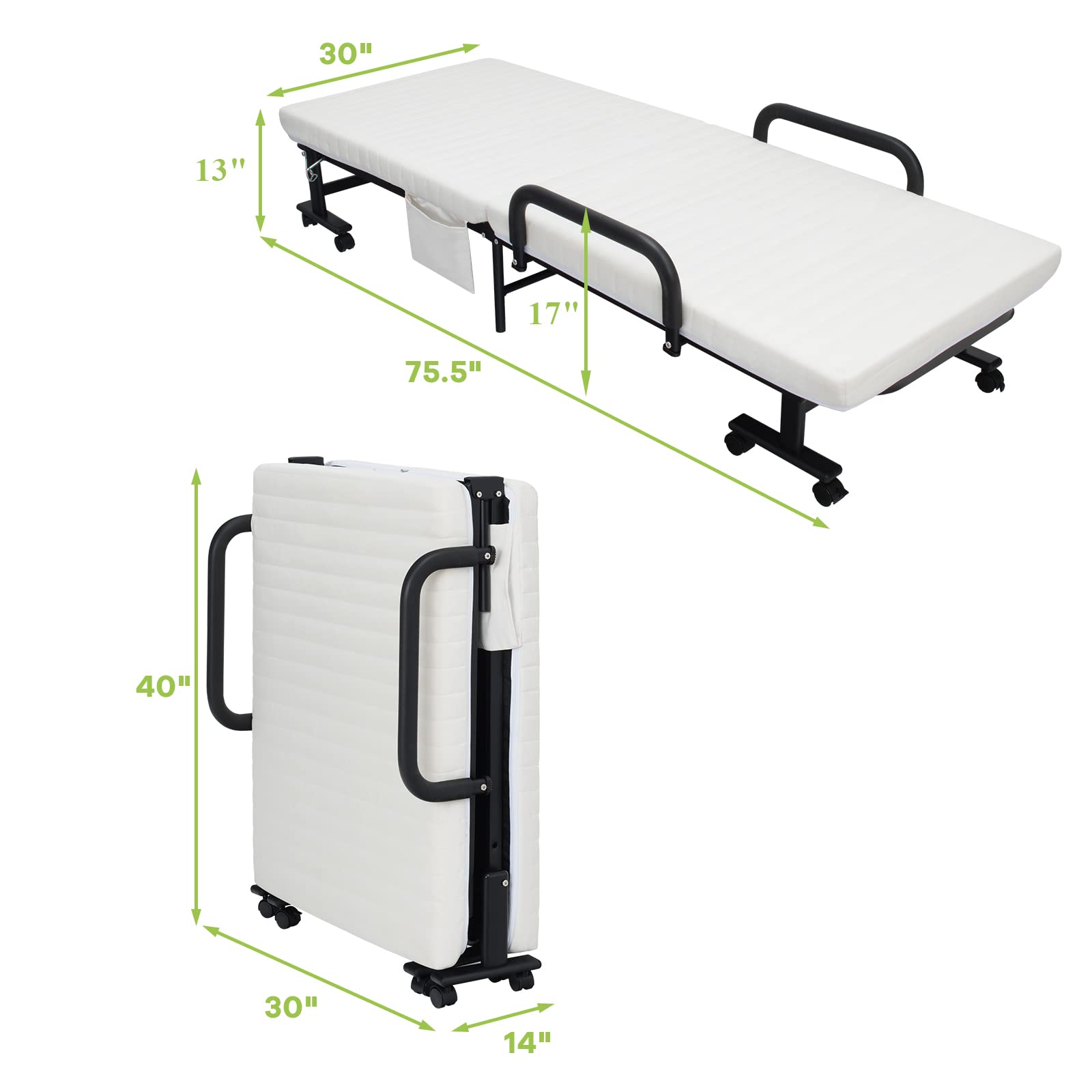 KOTEK Foldable Single Bed with Mattress - Portable Guest Bed with Storage Bag & Lockable Wheels - Compact Rollaway Cot for Camping, Office Nap, Home Use & Travel (White)