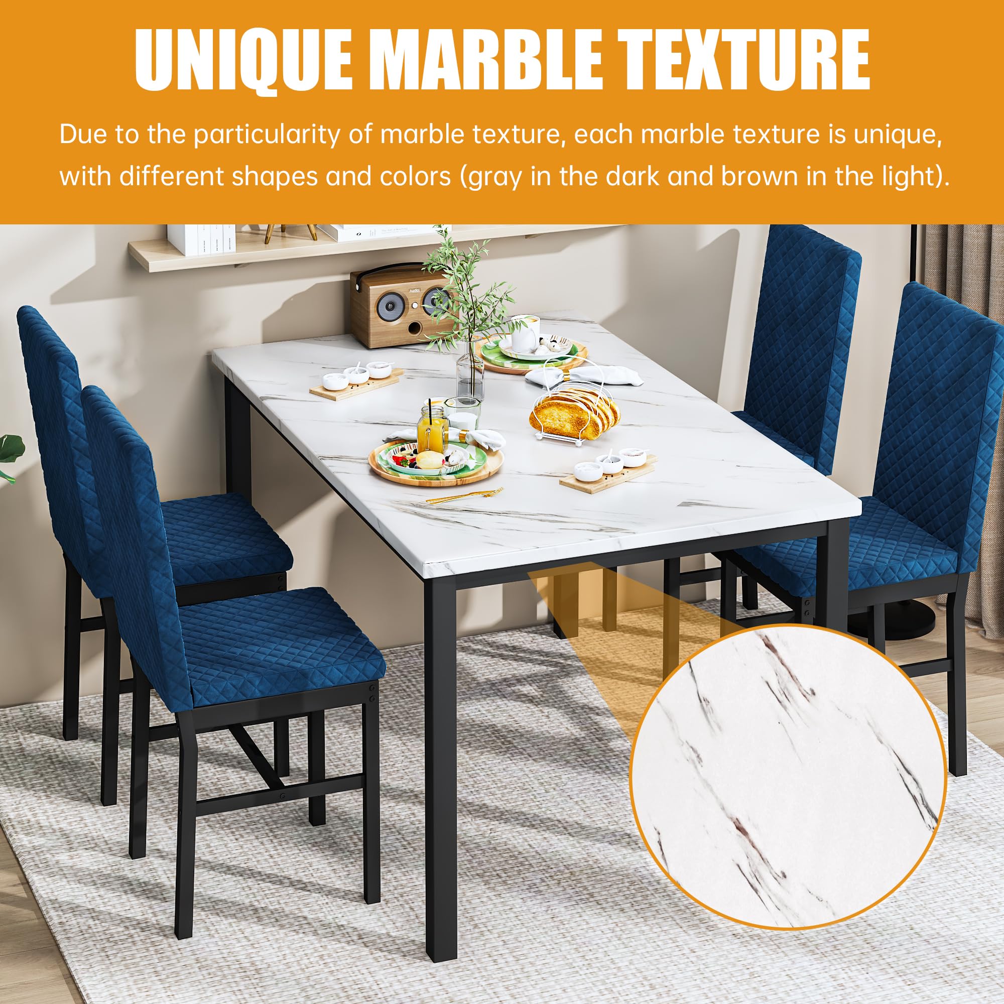 DKLGG 4-Piece Dining Table Set - Faux Marble Kitchen Table with 4 Velvet Upholstered Chairs, Compact Space-Saving Design for Apartments & Small Homes (White & Blue) - Perfect for Breakfast Nooks, Studio Apartments & Cozy Dining Areas