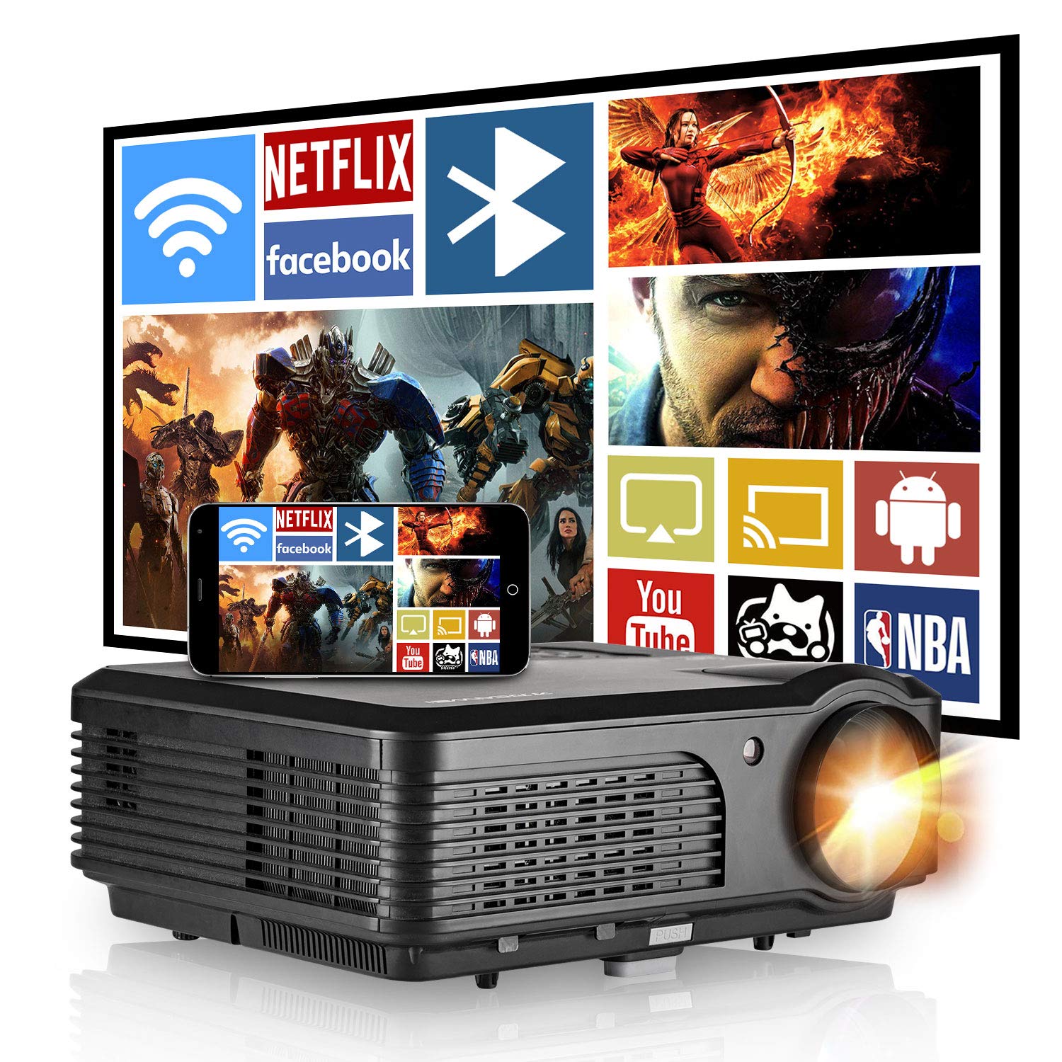 HD WiFi Phone Projector - 7500L Native 1080p Wireless Video Projector with Bluetooth, Screen Sync for iPhone/Android - Compatible with Fire Stick, Xbox, HDMI, USB, Laptop - Perfect for Movie Nights, Gaming & Outdoor Entertainment