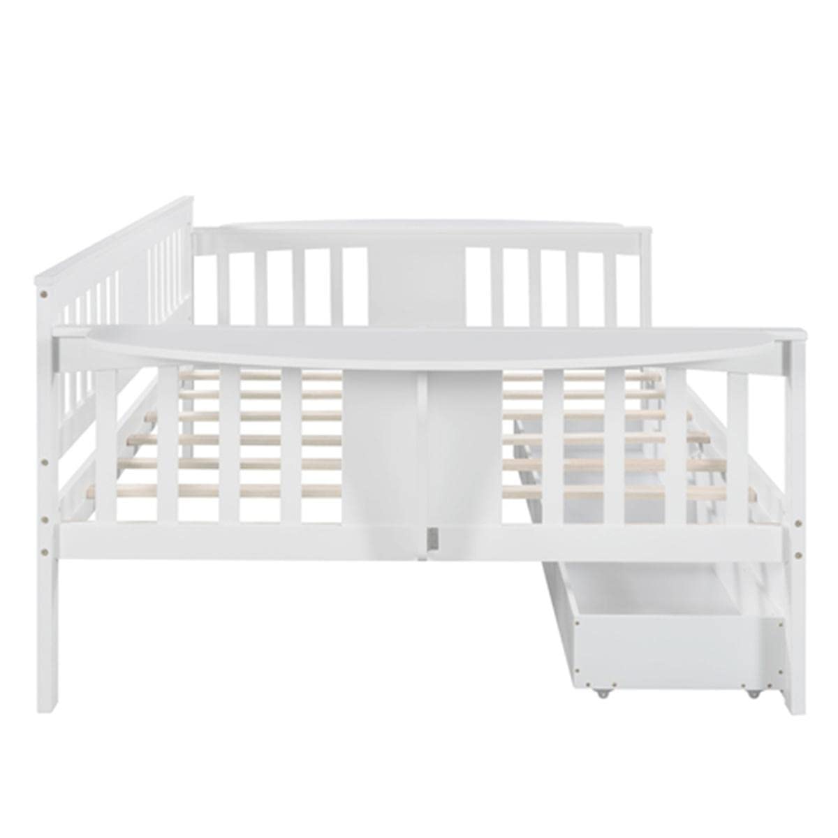 Full Size Daybed Frame with 2 Storage Drawers & Safety Handrail - White Wooden Platform Bed for Guest Room, Dorm, or Small Space
