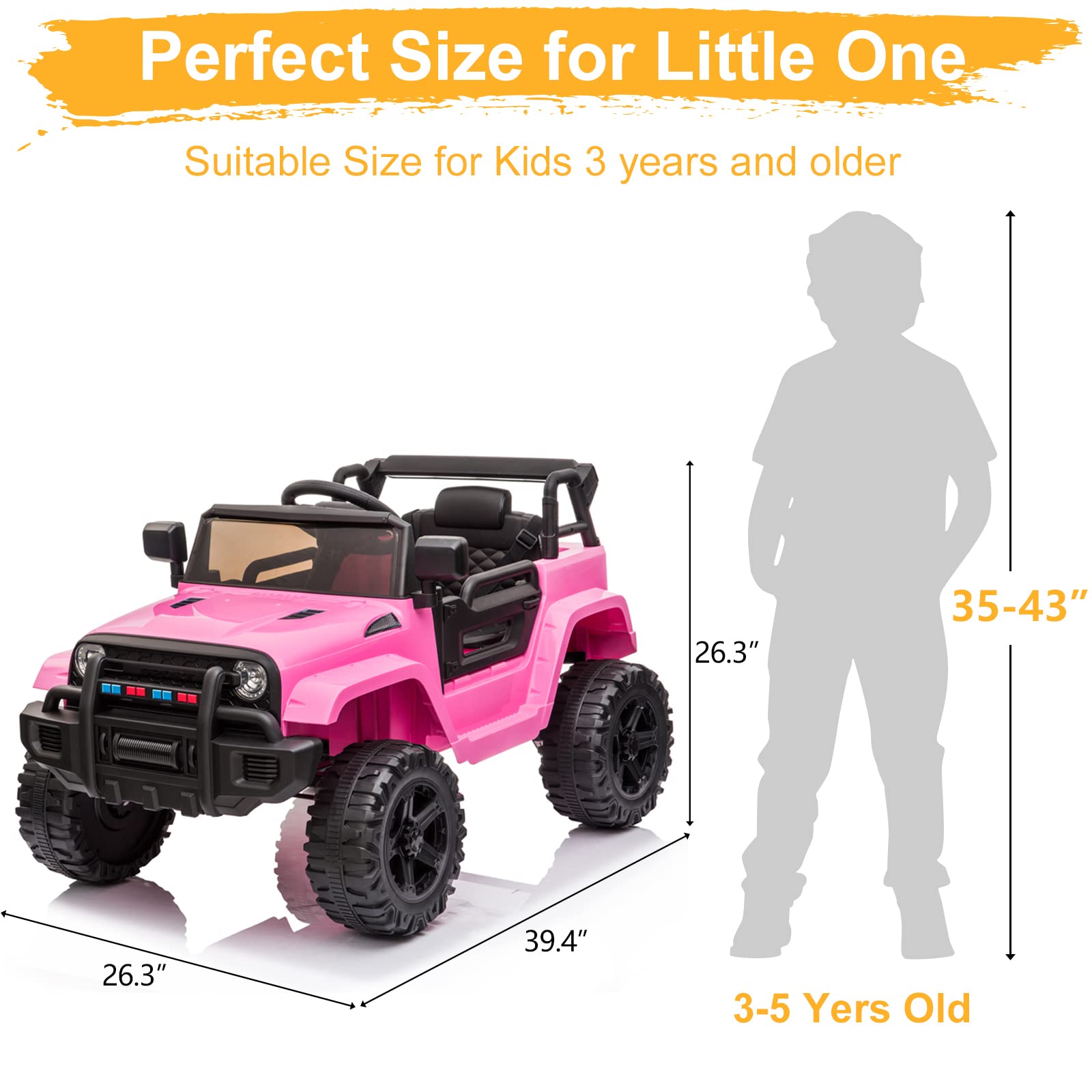 **12V Kids Ride On Truck with 2.4G Remote Control - Electric Ride-On Car for Ages 3-5 | 3 Speed Modes, Spring Suspension, LED Lights, Horn, Music Player & Seat Belts - Pink | Perfect for Indoor & Outdoor Play, Birthday Gifts & Toddler Fun**