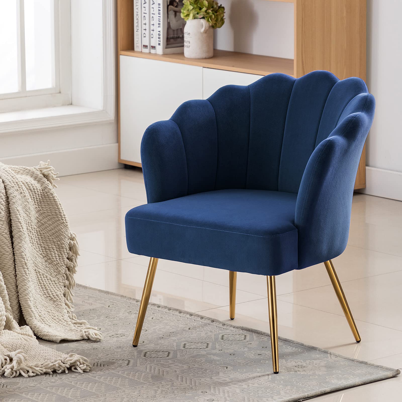 DUHOME Velvet Upholstered Accent Chair with Golden Metal Legs - Comfortable Makeup Vanity Chair, Desk & Reception Chair for Living Room, Bedroom, Office - Perfect for Home Decor, Guest Seating & Beauty Stations (Blue)