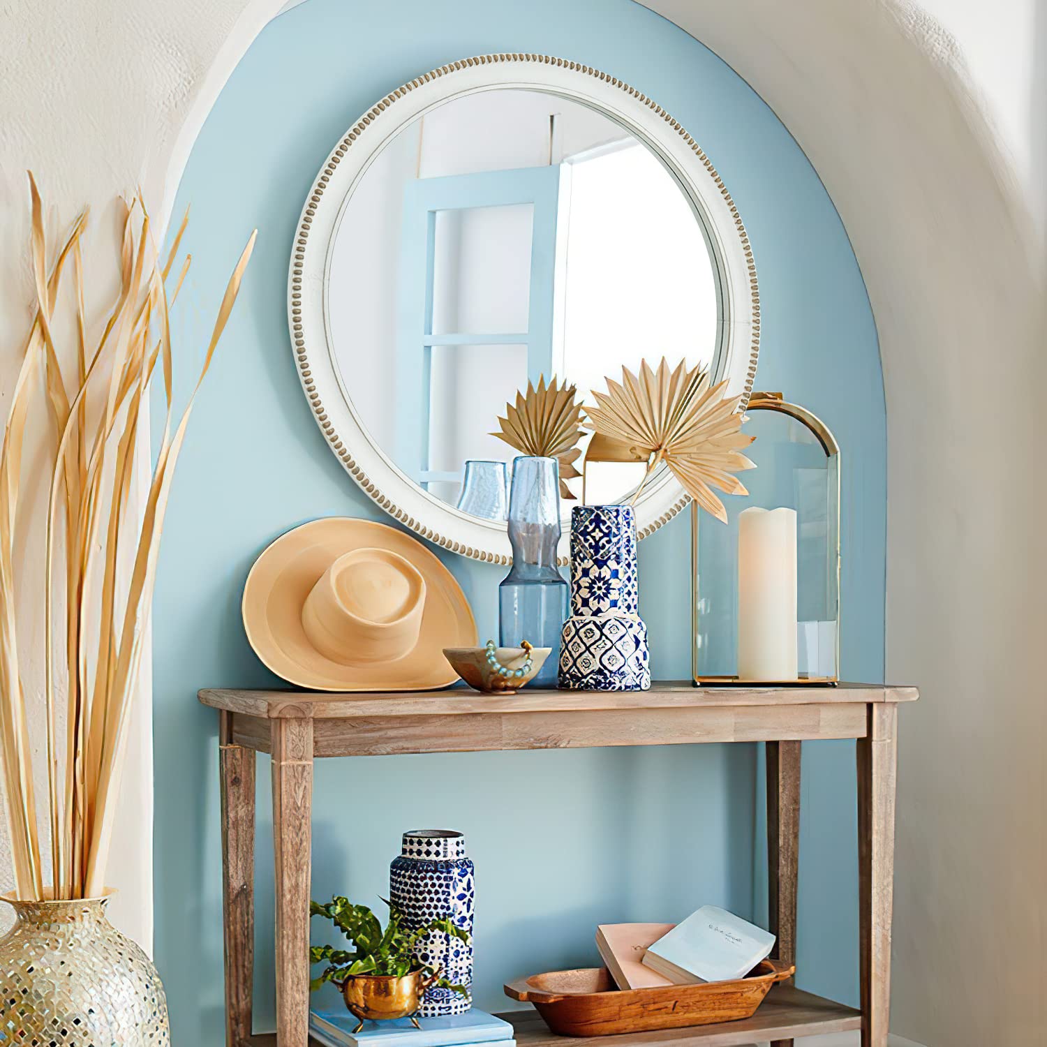 32 Inch Rustic Wood Circle Mirror - Farmhouse Round Wall Mirror for Bedroom & Living Room Decor | White Wooden Accent Mirror for Modern Home, Bathroom, Entryway