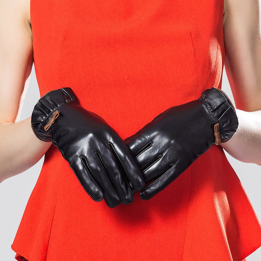 XOMO Women's Winter Warm Genuine Leather Gloves with Bowknot - Soft Touch, Windproof & Thermal Protection for Outdoor Activities, Driving, Skiing & Cold Weather Fashion