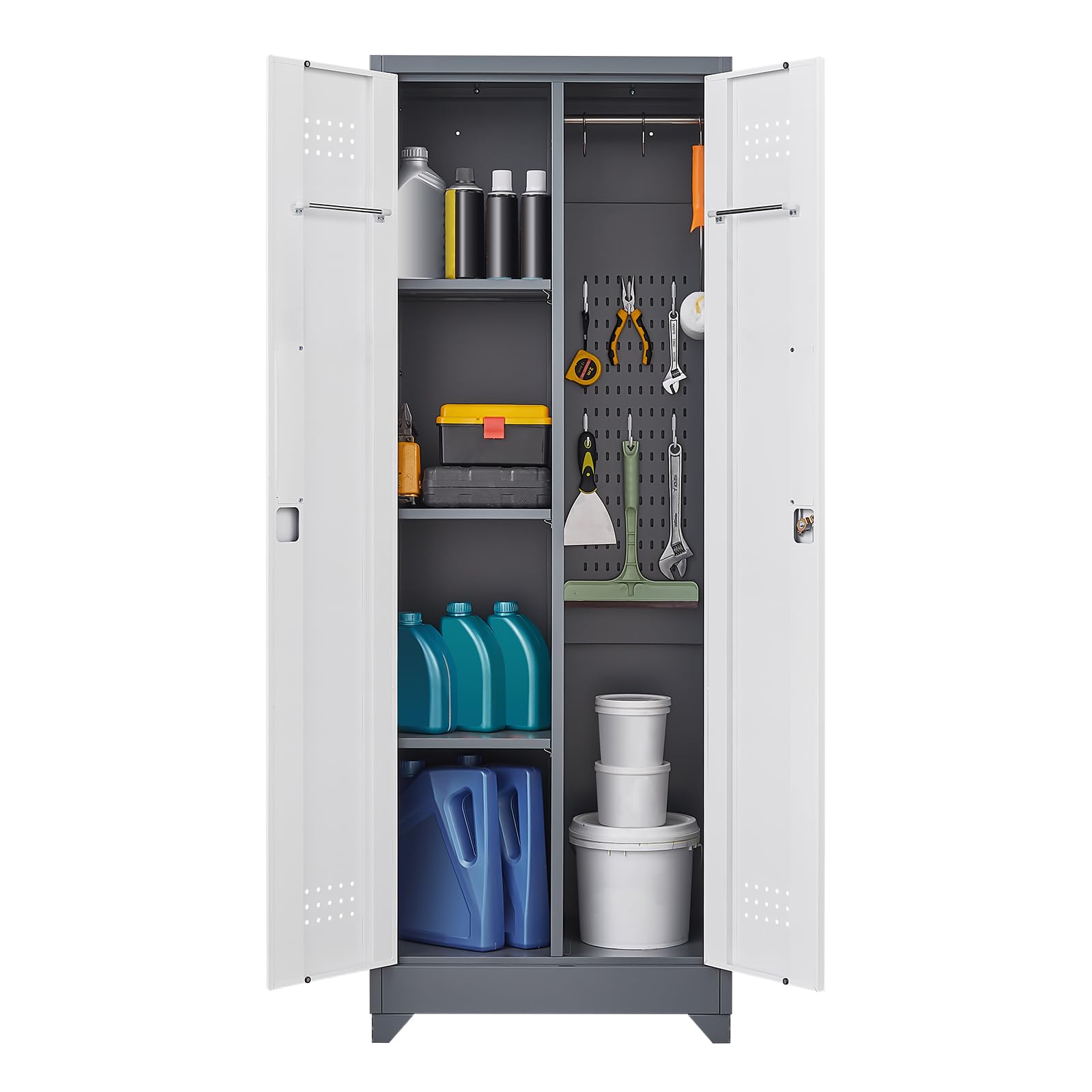 GREATMEET Heavy Duty Metal Storage Cabinet with Adjustable Shelves - Broom Closet Organizer with Pegboard & Hanging Rod - Locking Tall Utility Cabinet for Cleaning Tools - Perfect for Bathroom, Garage, Laundry Room & Mudroom Organization