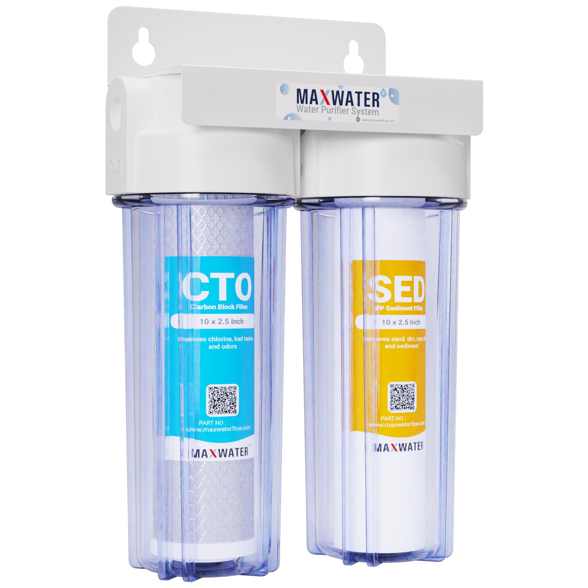 Max Water 2-Stage Whole House Water Filtration System - 10 Inch Sediment & Carbon Block Filter - Removes Odors & Improves Taste - Clear Housing - 3/4