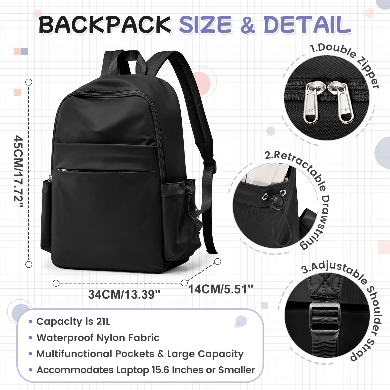 Stylish Black Laptop Backpack for Women & Men - Waterproof Travel Backpack with Anti-Theft Design, USB Charging Port & Laptop Compartment (Fits 15.6