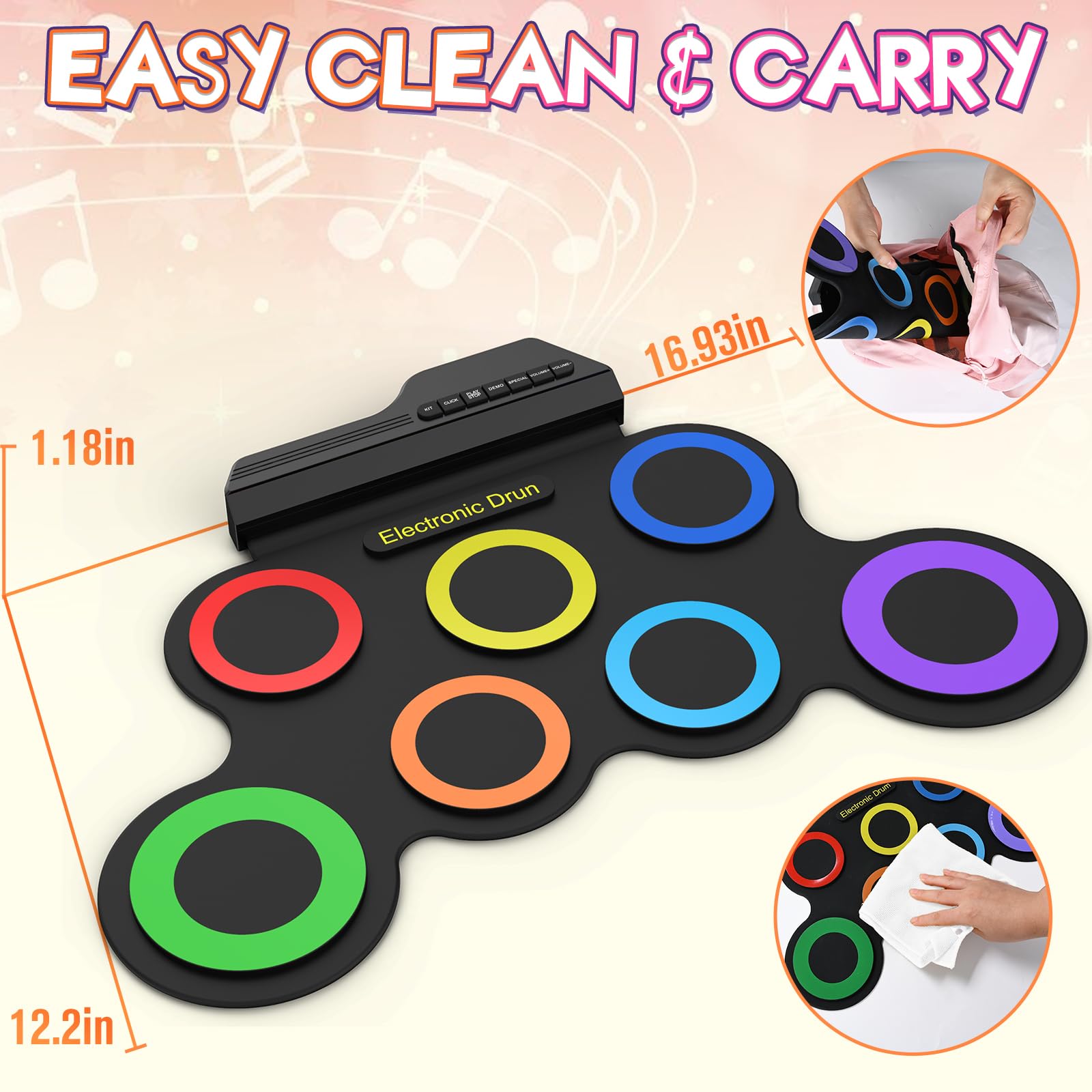 Rocktata® Electronic Drum Set - 7 Pad Roll-Up Drum Kit with Headphone Jack, Pedals & Drumsticks | Portable Practice Pads for Kids & Beginners | Perfect for Home Practice, Music Lessons & Quiet Training (No Built-in Speaker)