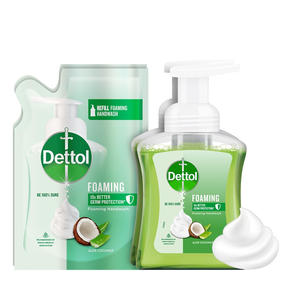 Dettol Aloe & Coconut Foaming Hand Wash Pump with Refill (250ml + 200ml) - 2 Pack | Antibacterial Moisturizing Handwash | Gentle Rich Lather | Perfect for Kitchen, Bathroom & Office Use