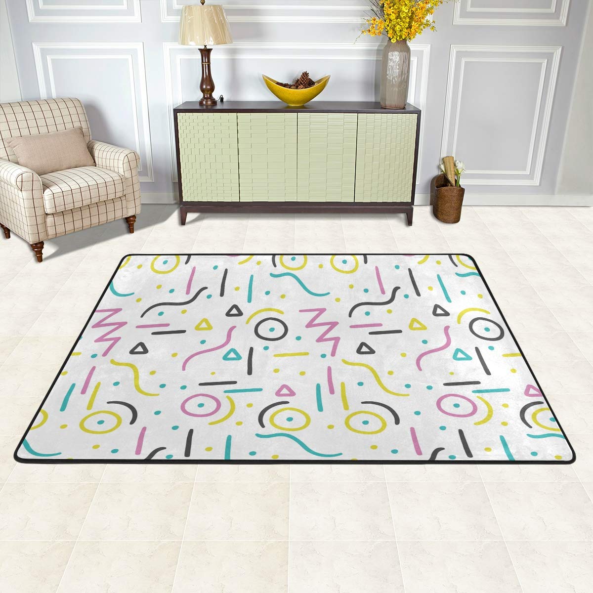 Custom Memphis Pattern Area Rugs - Colorful Non-Slip Indoor/Outdoor Floor Mat - Large Entryway Carpet & Doormat for Home Decor - Perfect for Living Room, Bedroom, Patio & Front Door
