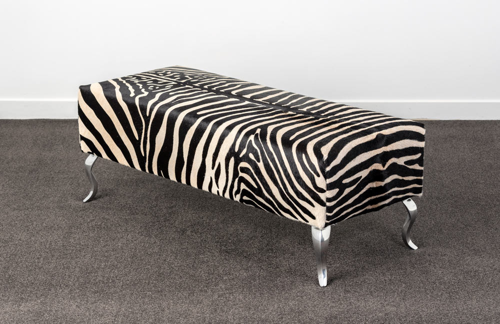 Premium Zebra Cowhide Ottoman with Queen Anne Legs - 43