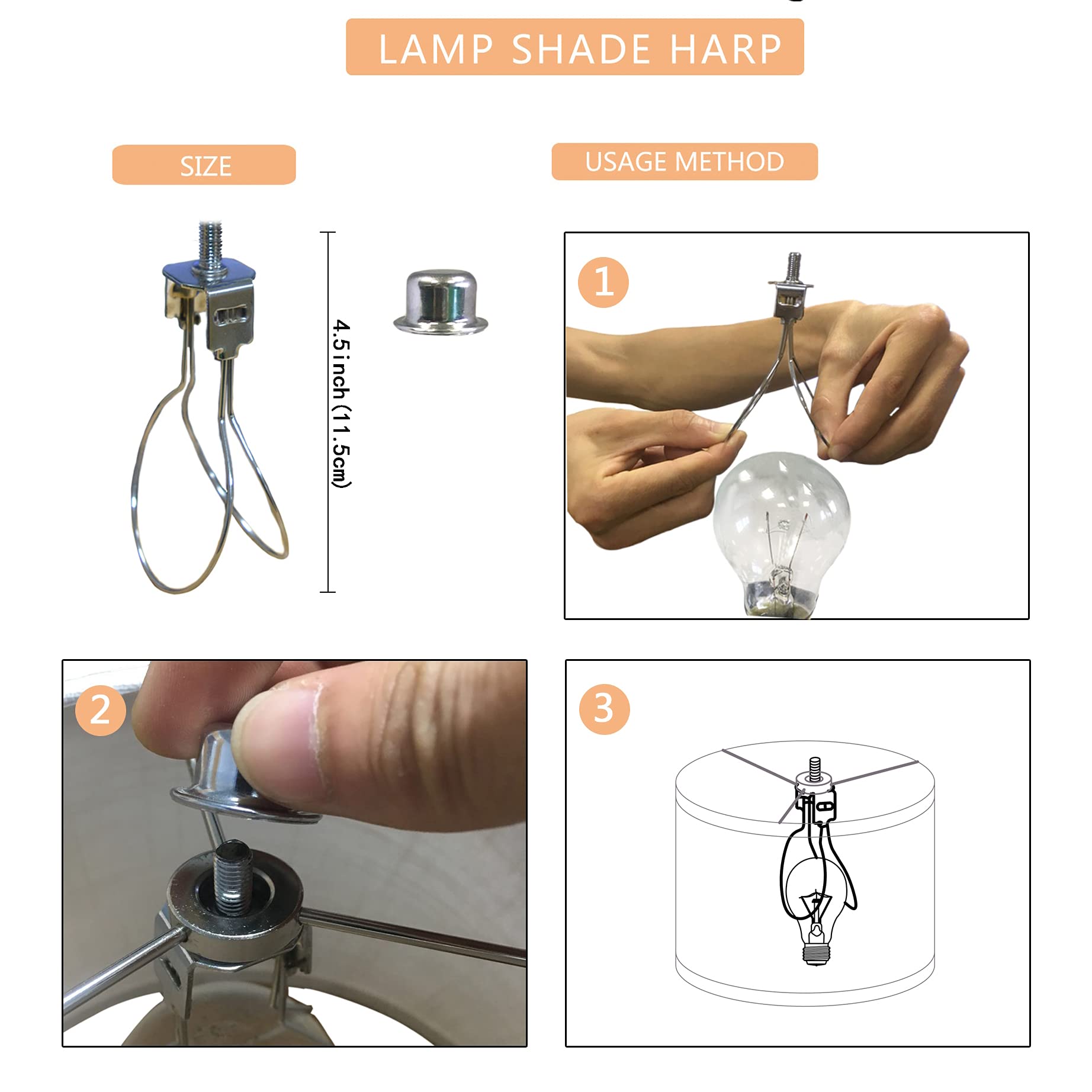 JNXQWE Clip-On Lamp Harp with Shade Attaching Finial Top - Silver Lamp Shade Light Bulb Adapter for Supporting Lampshades - Perfect for Table Lamps, Floor Lamps, and Home Decor Lighting
