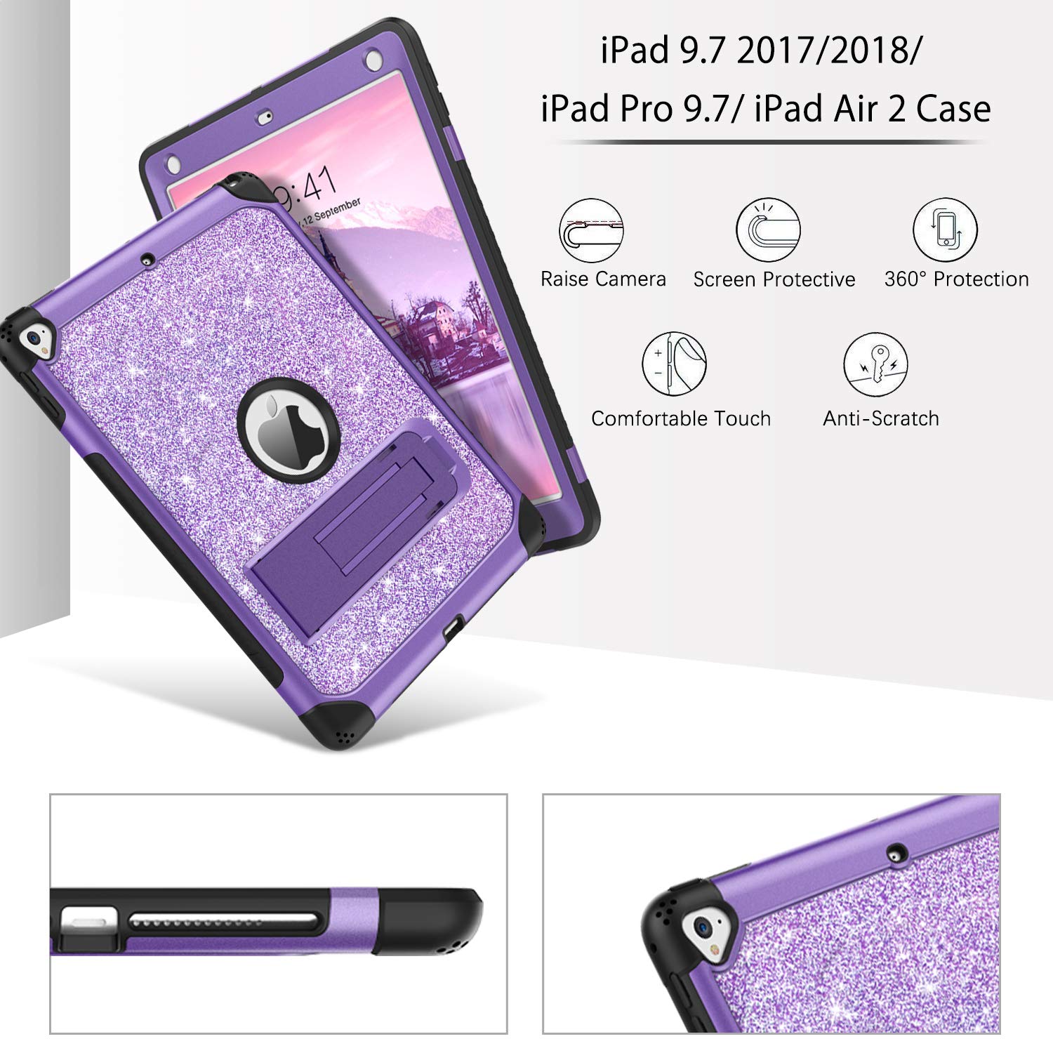 DUEDUE iPad 9.7 Case (2017/2018) & iPad Air 2 Case - 6th/5th Gen Protective Cover with Kickstand | Shockproof Glitter Bling Hard PC Shell | Perfect for iPad Pro 9.7 - Purple | Ideal for School, Work & Travel Protection