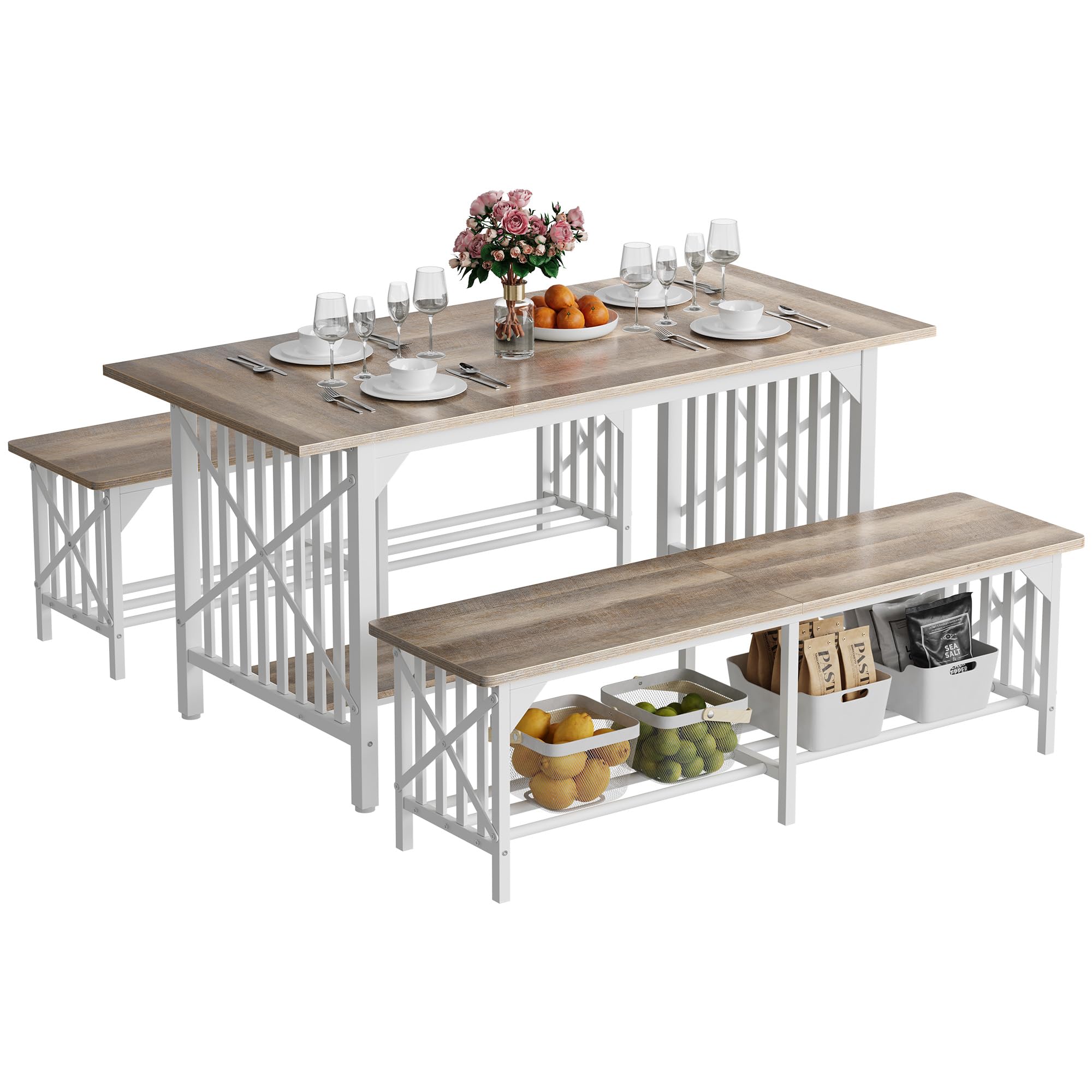 DWVO 3-Piece Industrial Dining Table Set with Storage - 63