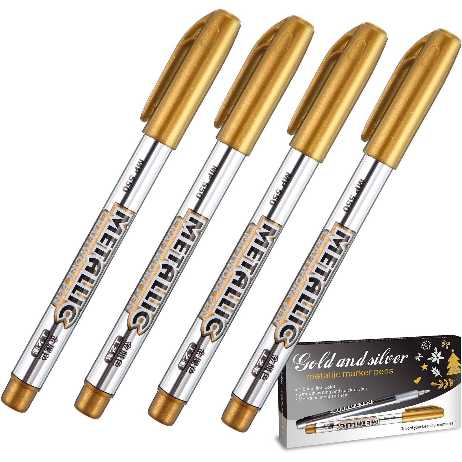 4 Pack Metallic Marker Pens - Gold Paint Markers for Cards, Writing, Signatures, Lettering & DIY Crafts - Perfect for Scrapbooking, Invitations, and Art Projects