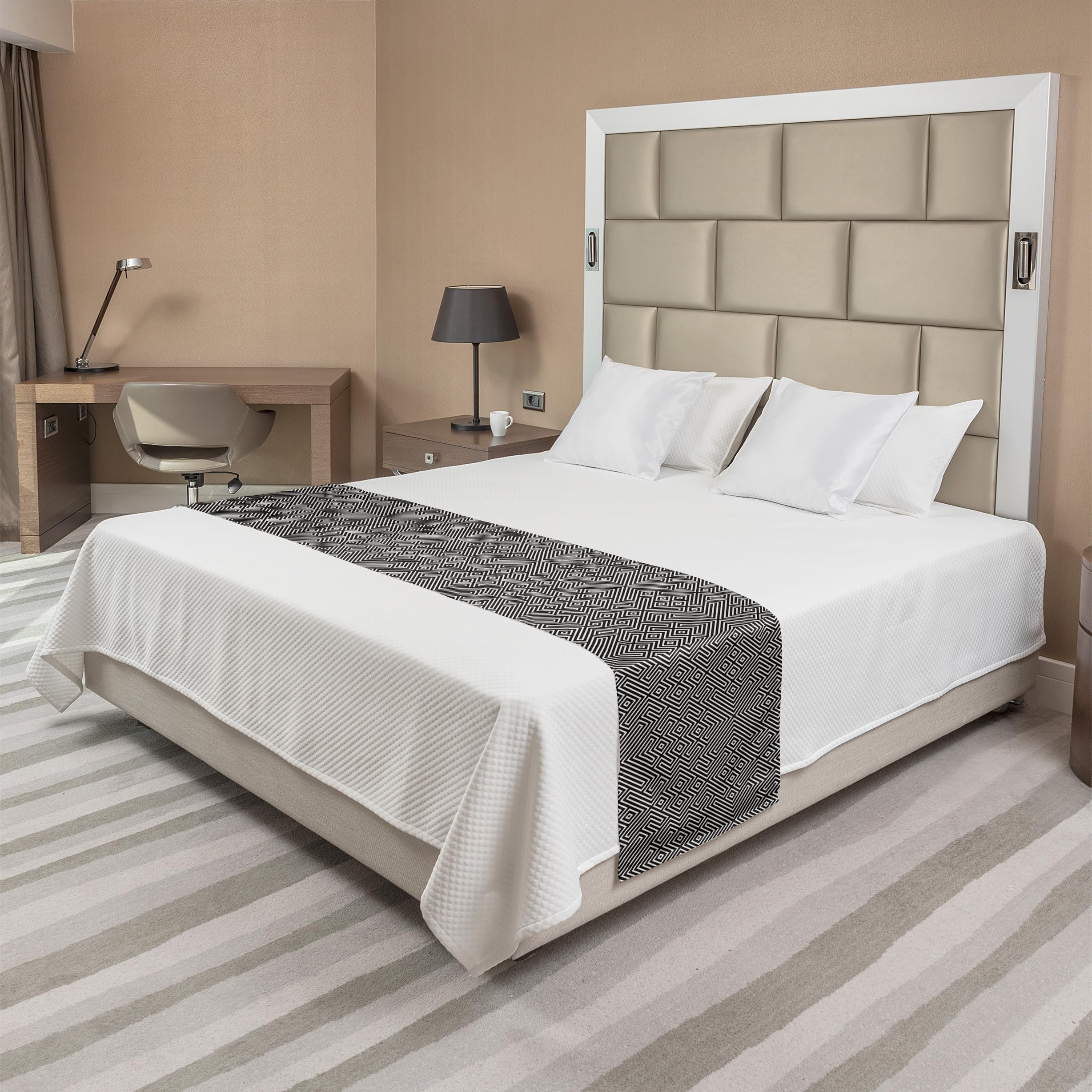 Ambesonne Abstract Geometric Bed Runner - Symmetric Stripes Maze Design Decorative Bedding Scarf for Hotels, Homes & Guest Rooms - Dark Grey & Eggshell - Perfect for Modern Bedroom Decor & Luxury Hotel Styling