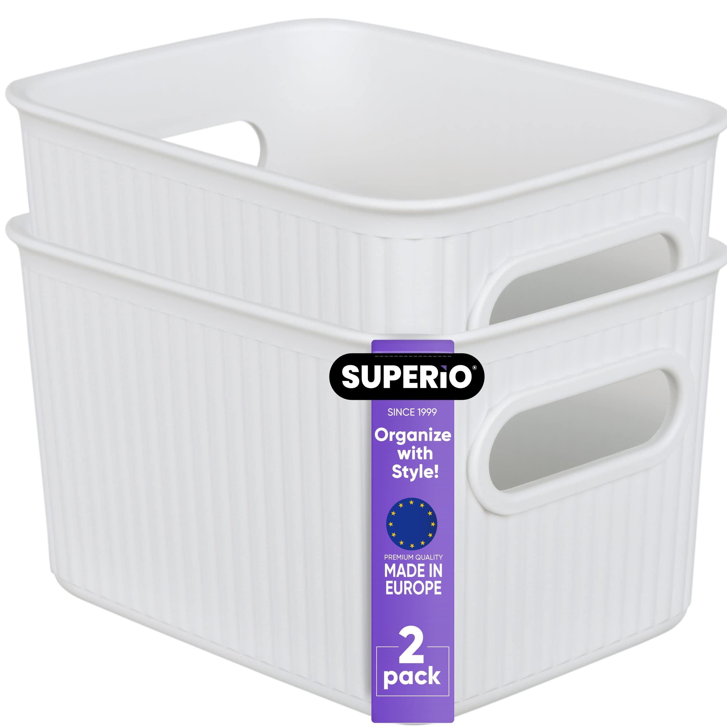 Superio Ribbed Collection - Decorative Plastic Open Storage Bins (2-Pack, Small White, 1.5L) | Home Organization Baskets for Closet, Shelf, Drawer & Bathroom | Perfect for Bedroom, Laundry Room & Office Storage Solutions