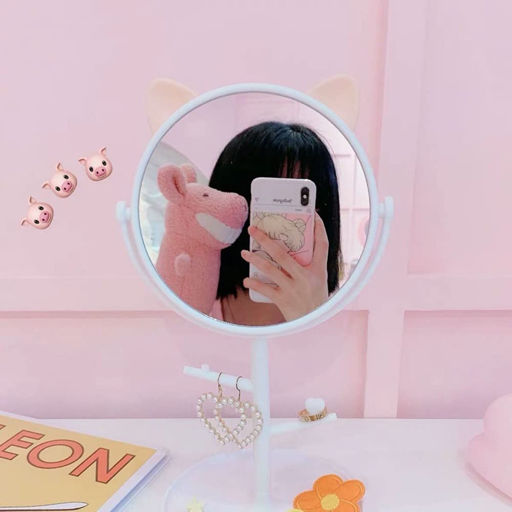Cute Cat Ear Shaped Rotating Vanity Mirror - Portable Desktop Makeup Mirror with Stand for Women, Mintcream White | Perfect for Home, Bathroom & Travel Cosmetic Organizer