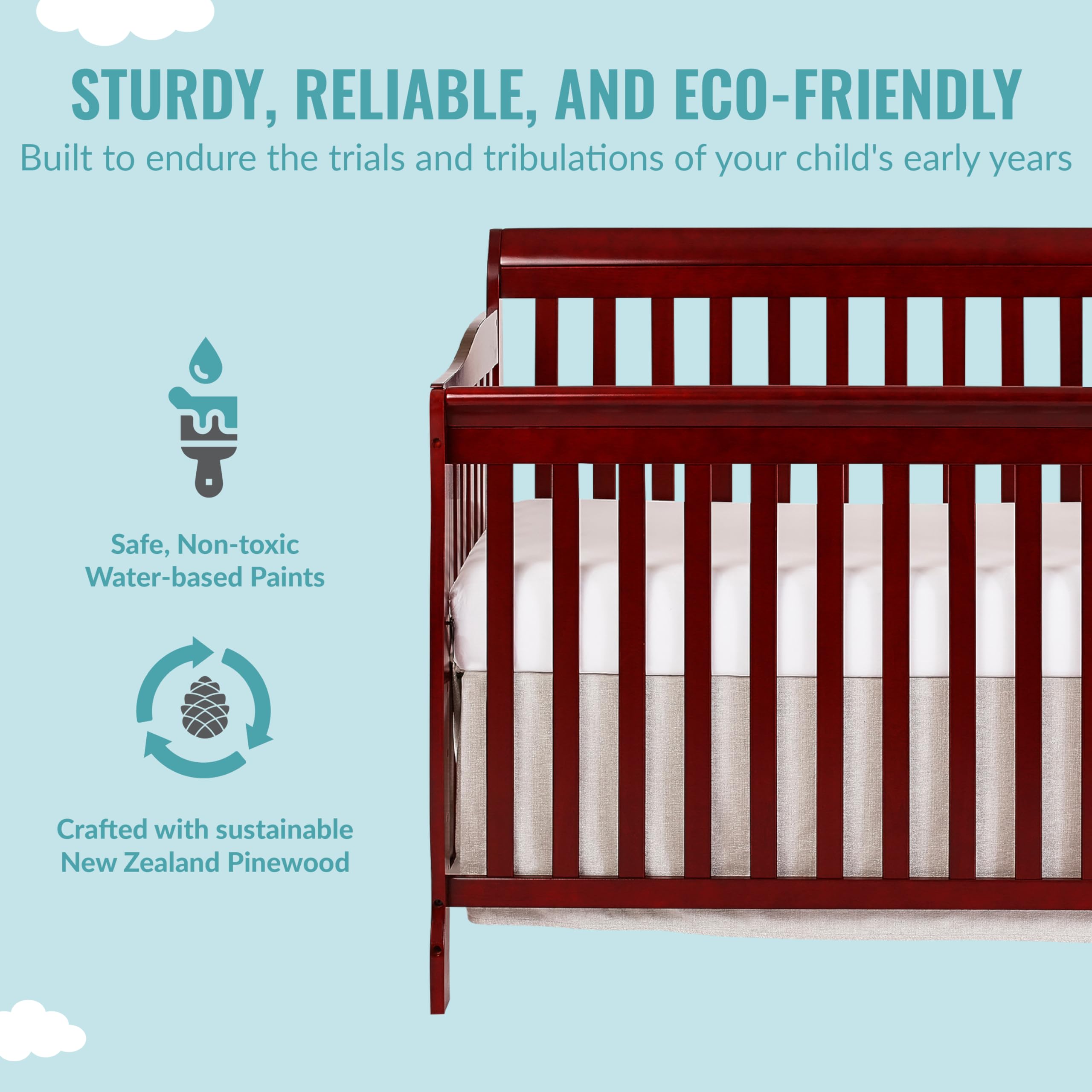 Dream On Me Ashton 4-in-1 Convertible Crib in Cherry Finish - GREENGUARD Gold & JPMA Certified | Non-Toxic Solid Pinewood Baby Crib with 4 Adjustable Mattress Heights | Perfect for Nursery, Bedroom & Daycare Use