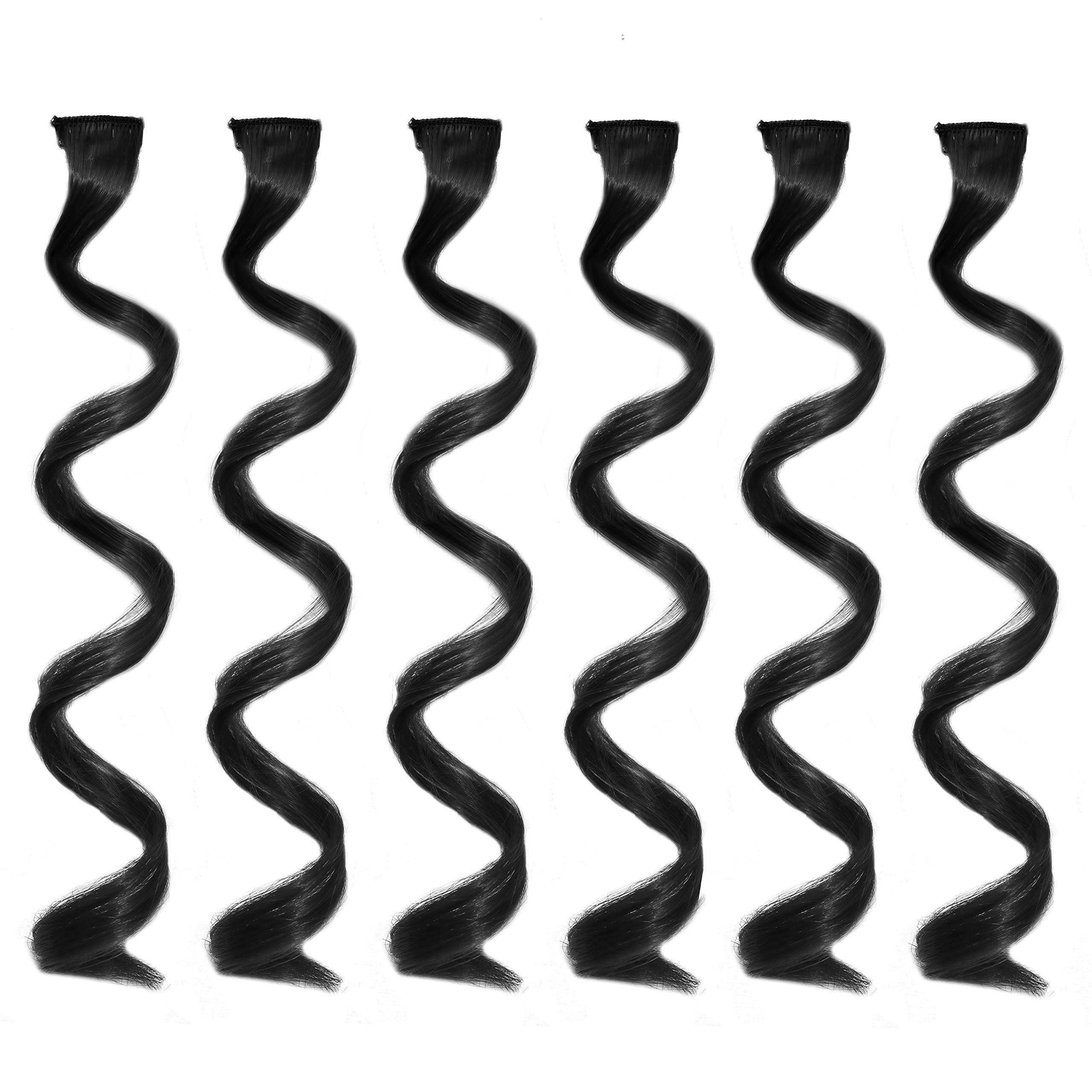 Rapidsflow® 6-Piece Colored Hair Streak Extensions for Women & Girls - 100% Real Human Hair for Highlighting & Styling - Curly Black - Perfect for Parties, Cosplay & Everyday Fashion
