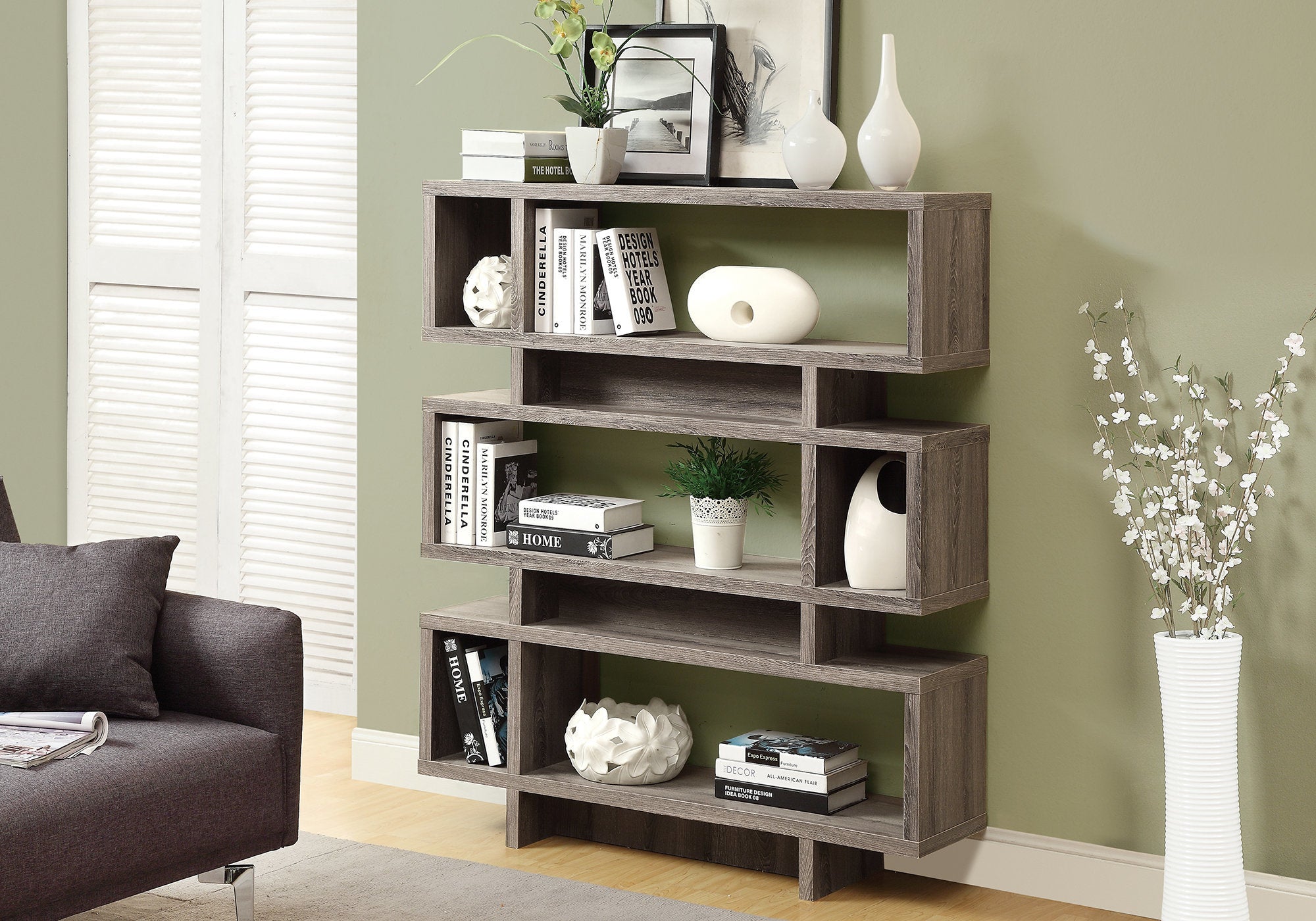 Modern Dark Taupe Bookcase - 55 Inch Height Bookshelf for Living Room, Office & Bedroom - Stylish Storage Solution for Books, Decor & Essentials