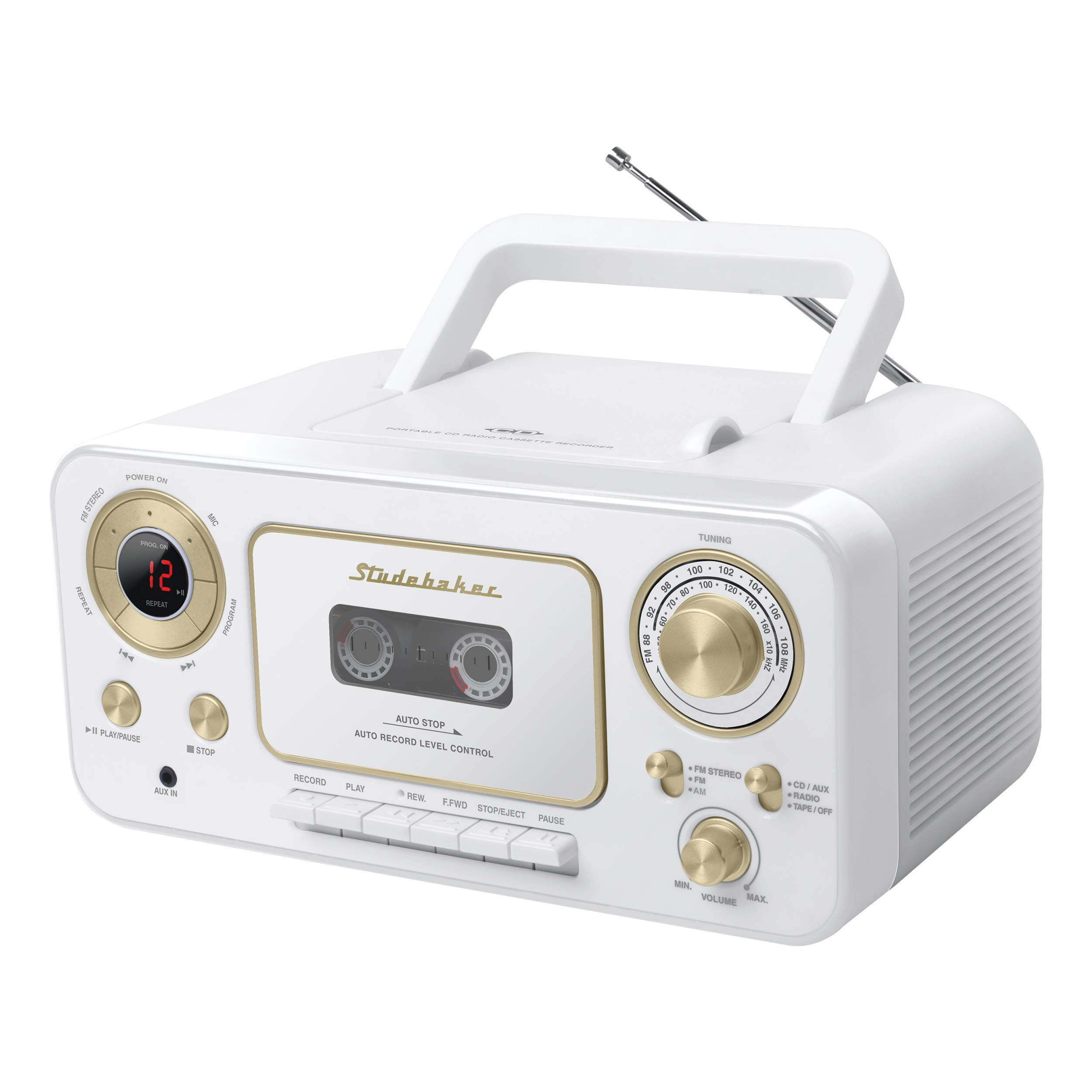 Studebaker SB2135WG Portable Stereo CD Player with AM/FM Radio, Cassette Player & Recorder - White Gold | Perfect for Home, Office, Travel & Vintage Music Lovers