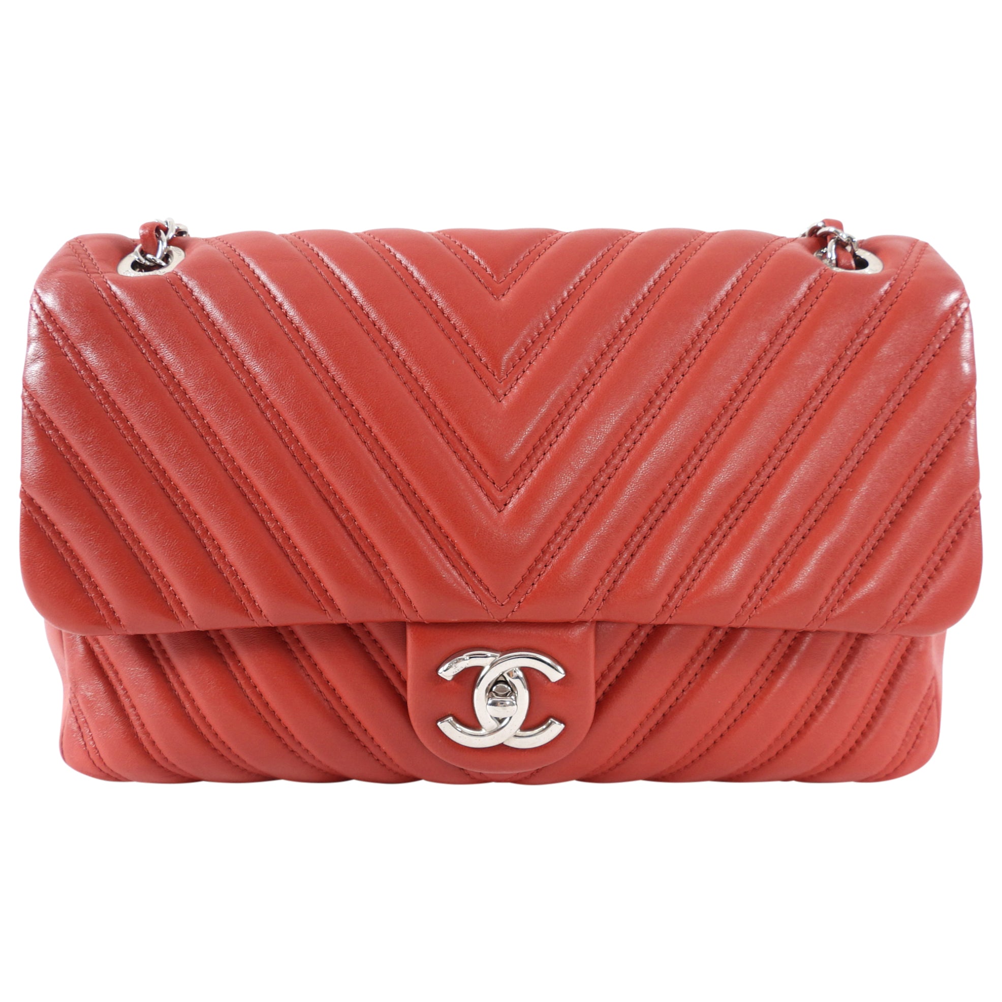Chanel Red Jumbo Chevron Quilted Single Flap Bag with Silver Hardware - Luxury Designer Handbag for Women, Perfect for Parties, Date Nights & Special Occasions