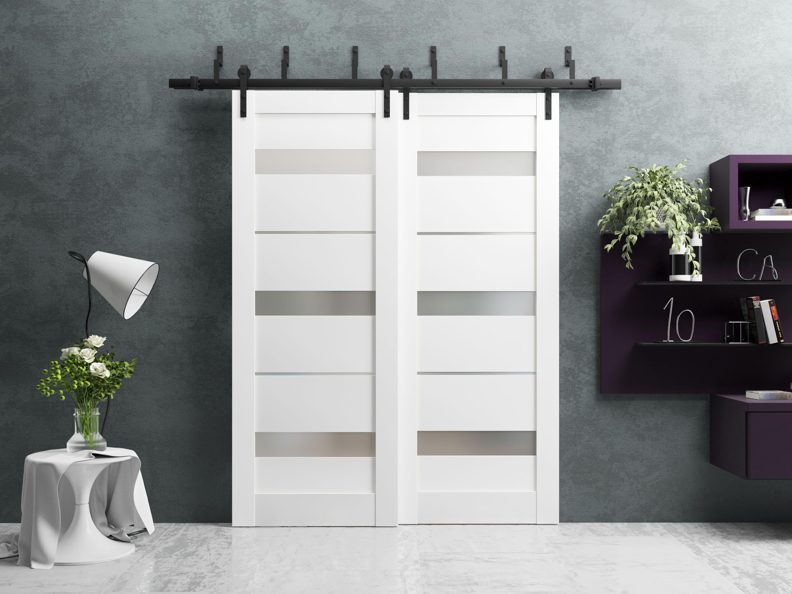 SARTODOORS 64x96 Barn Bypass Sliding Door with 6.6ft Hardware Kit - Quadro 4055 White Silk Frame & Frosted Opaque Glass Panels - Heavy Duty Steel Rails for Double Panel Door - Perfect for Closets, Laundry Rooms and Room Dividers