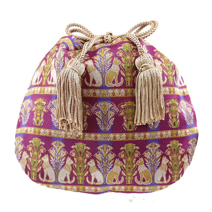 Nishijin Woven Small Drawstring Bag - Cat & Mauve Design | Handmade in Kyoto Japan | Traditional Japanese Craft Purse for Coins, Jewelry & Gifts