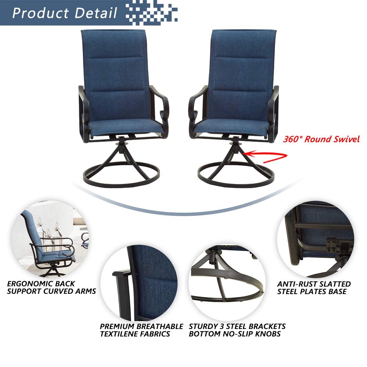 Festival Depot 2-Piece Patio Swivel Armchairs Set - Outdoor Dining Chairs for Bistro, Deck & Garden - Blue - Perfect for Backyard BBQs, Poolside Relaxation & Outdoor Entertaining