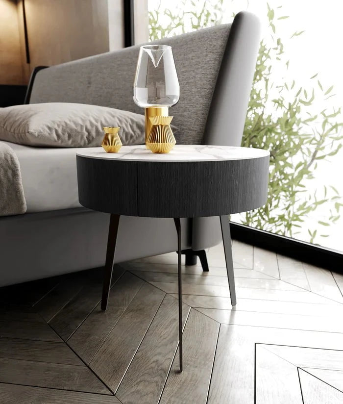 Warren Round Side Table with Drawer - Modern End Table for Living Room, Bedroom, Office - 2 Color Options (White & Black) - Compact Nightstand for Small Spaces