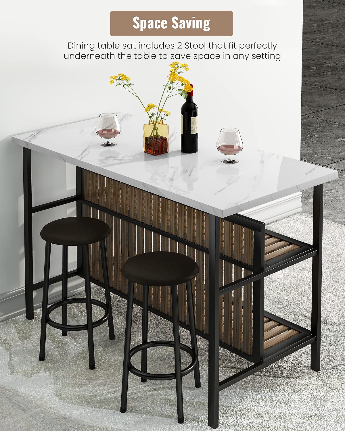 Modern White Kitchen Island with Seating for 2 - Faux Marble Countertop, Storage Shelf & Bar Table Set - Space-Saving Dining Solution for Small Kitchens, Breakfast Nooks & Apartment Living