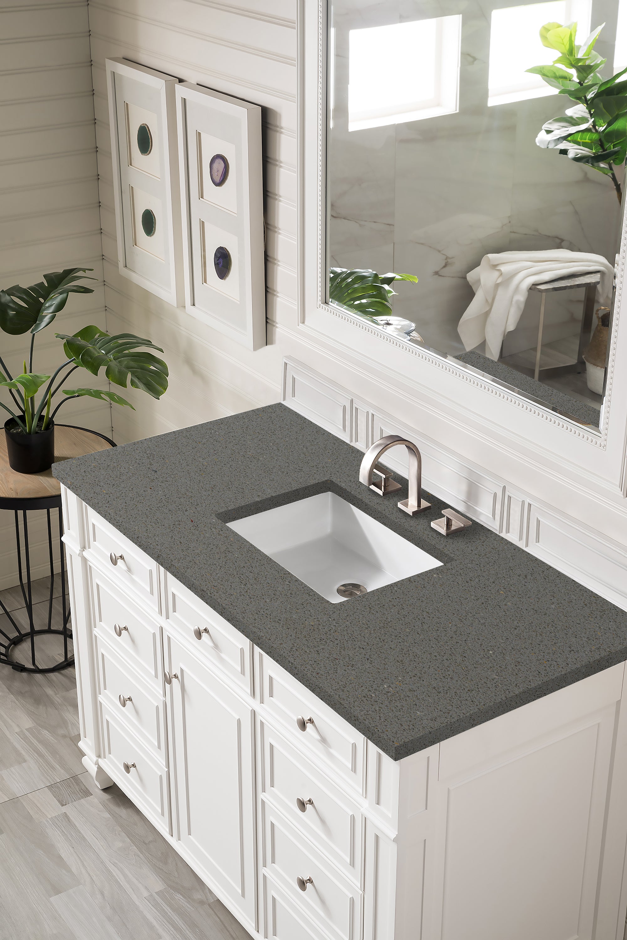 Bristol 48 Inch Single Bathroom Vanity Set with 3CM Grey Expo Quartz Top - Bright White Finish | Perfect for Modern Bathroom Renovations & Home Upgrades