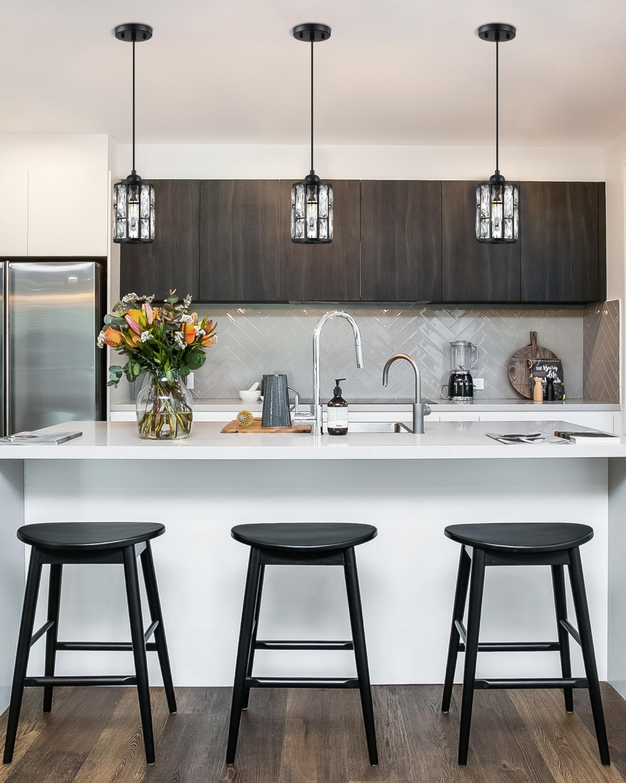 2 Pack Black Modern Crystal Metal Shade Pendant Lights - 5.4