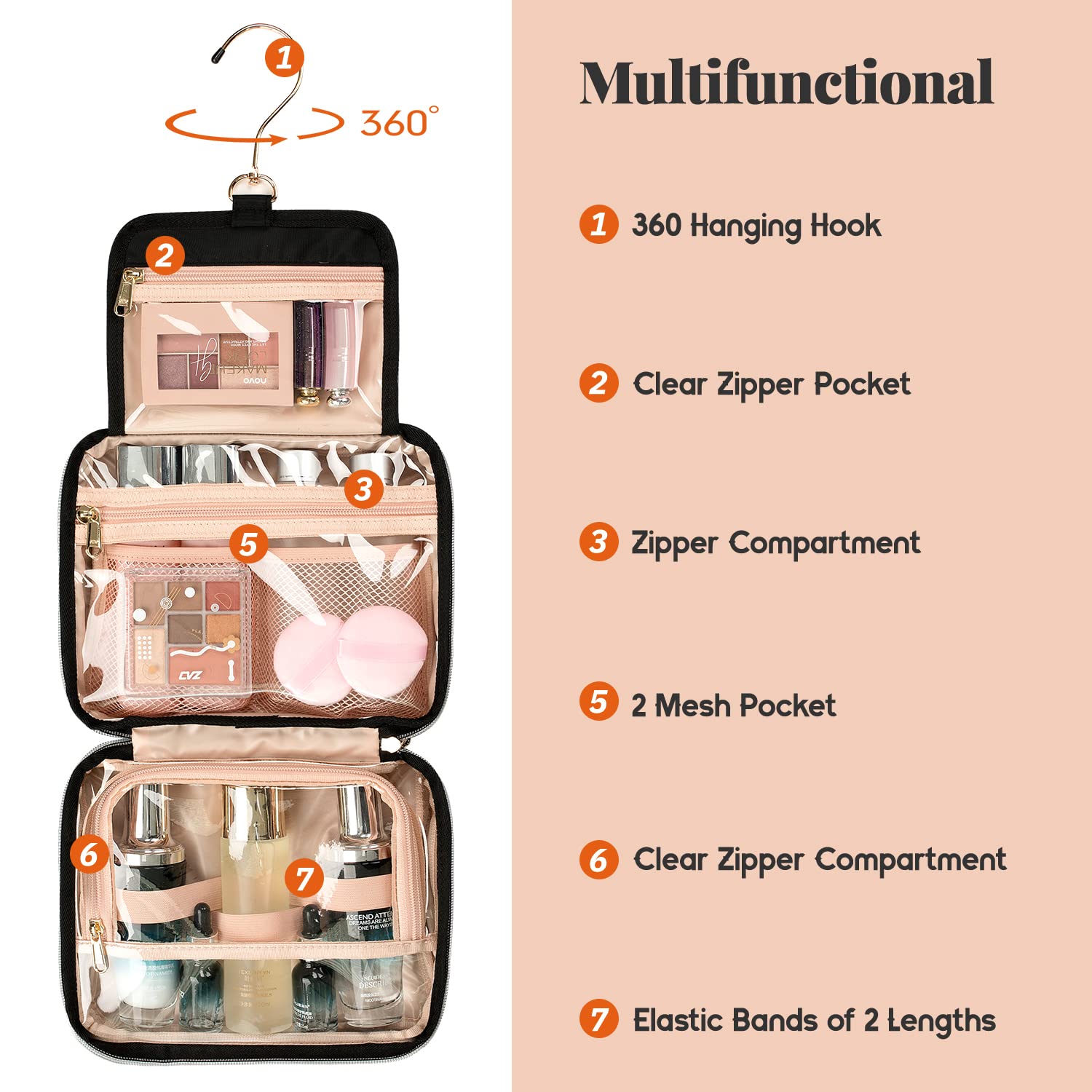 CUBETASTIC Waterproof Travel Toiletry Bag for Women - Portable Makeup Organizer with Hanging Hook for Cosmetics, Skincare & Toiletries - Perfect for Vacation, Gym, Business Trips & Weekend Getaways
