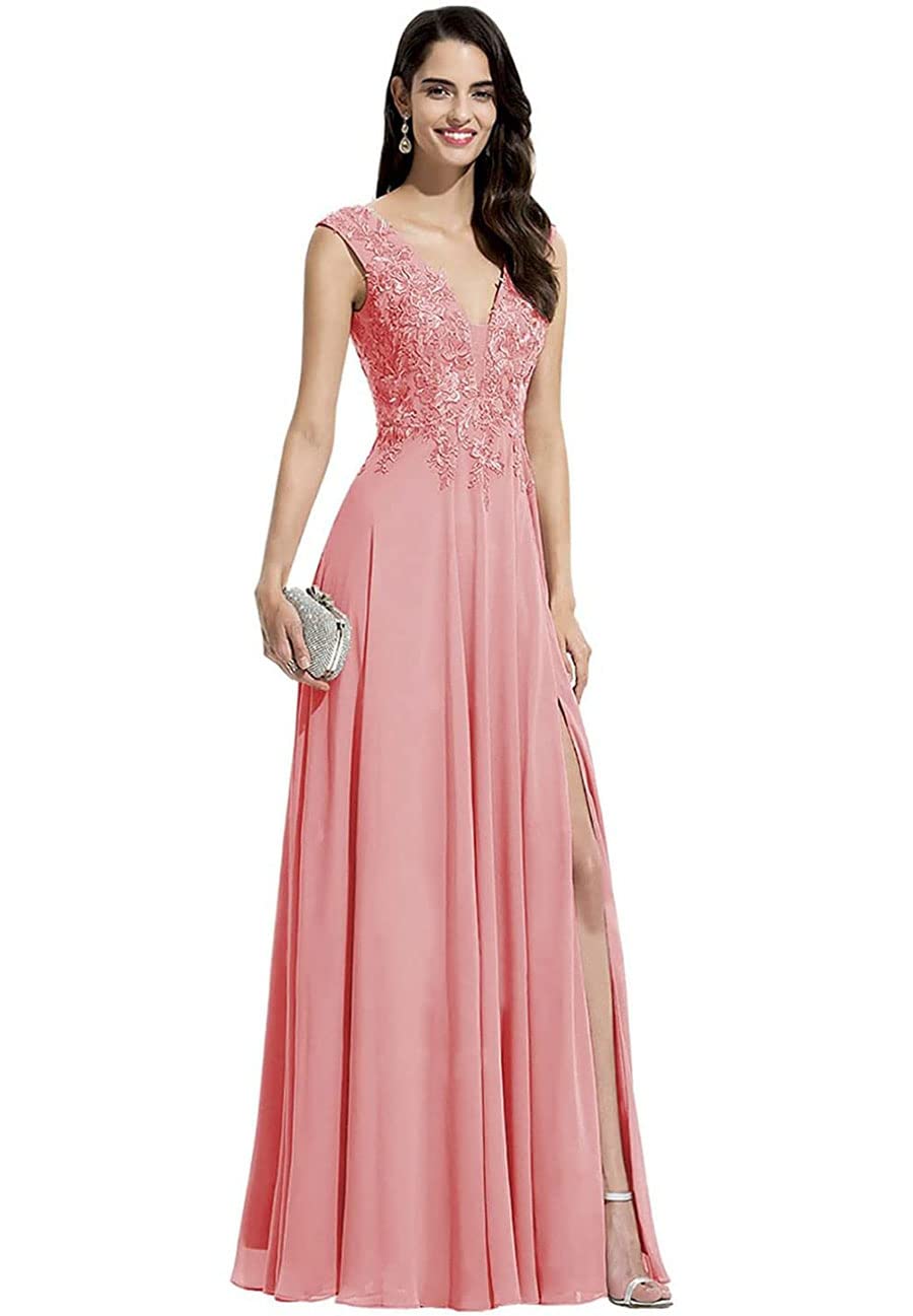 Elegant V-Neck Chiffon Bridesmaid Dress with Lace Appliques - A-Line Long Formal Gown with Slit for Weddings, Parties & Special Occasions